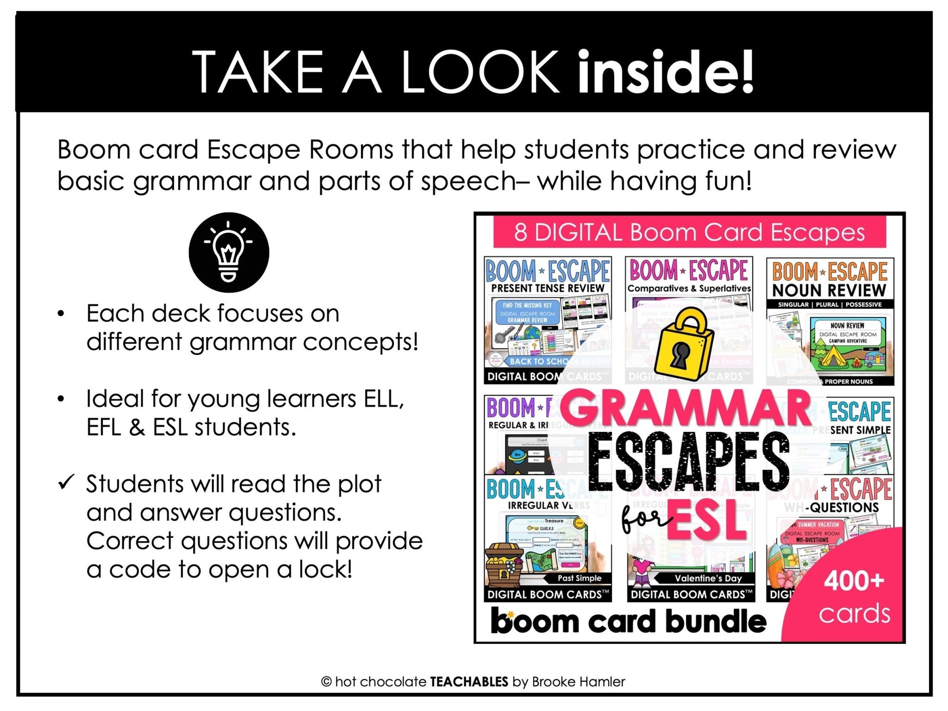 Grammar Escape Activities | Boom Card™ Bundle | Verbs, Parts of Speech for ESL - Hot Chocolate Teachables