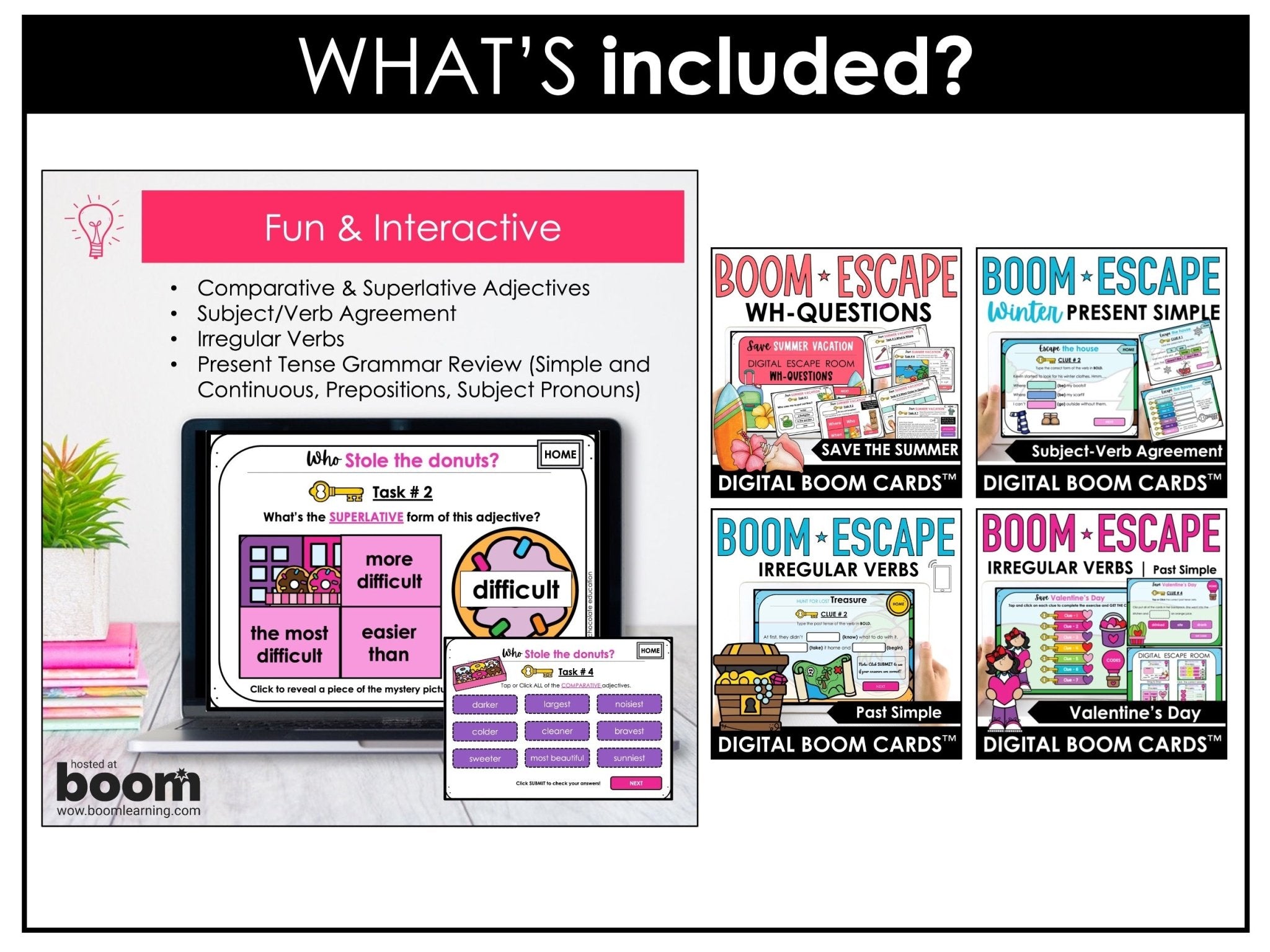 Grammar Escape Activities | Boom Card™ Bundle | Verbs, Parts of Speech for ESL - Hot Chocolate Teachables
