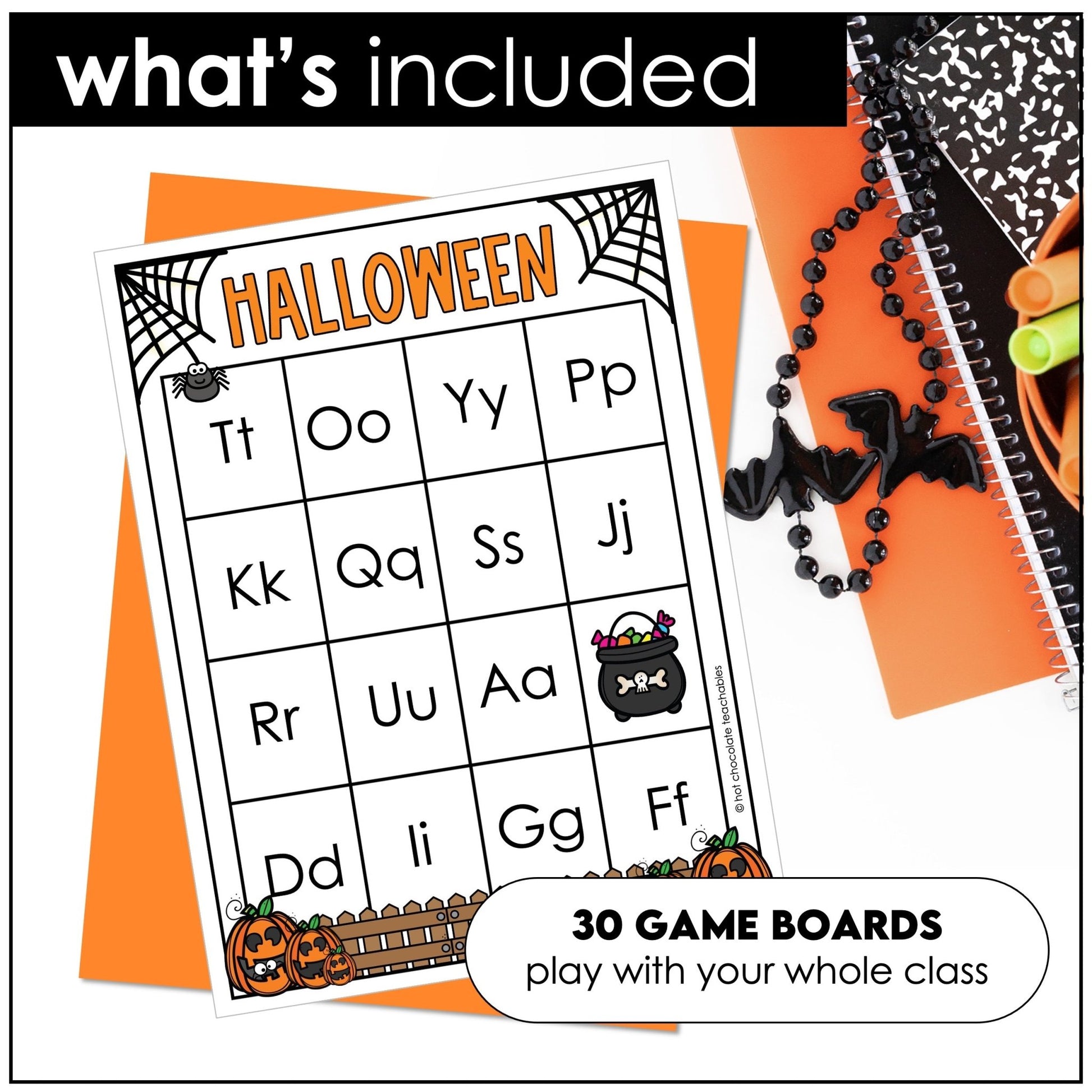 Halloween Alphabet Bingo Game – Uppercase & Lowercase Letters A–Z - Hot Chocolate Teachables