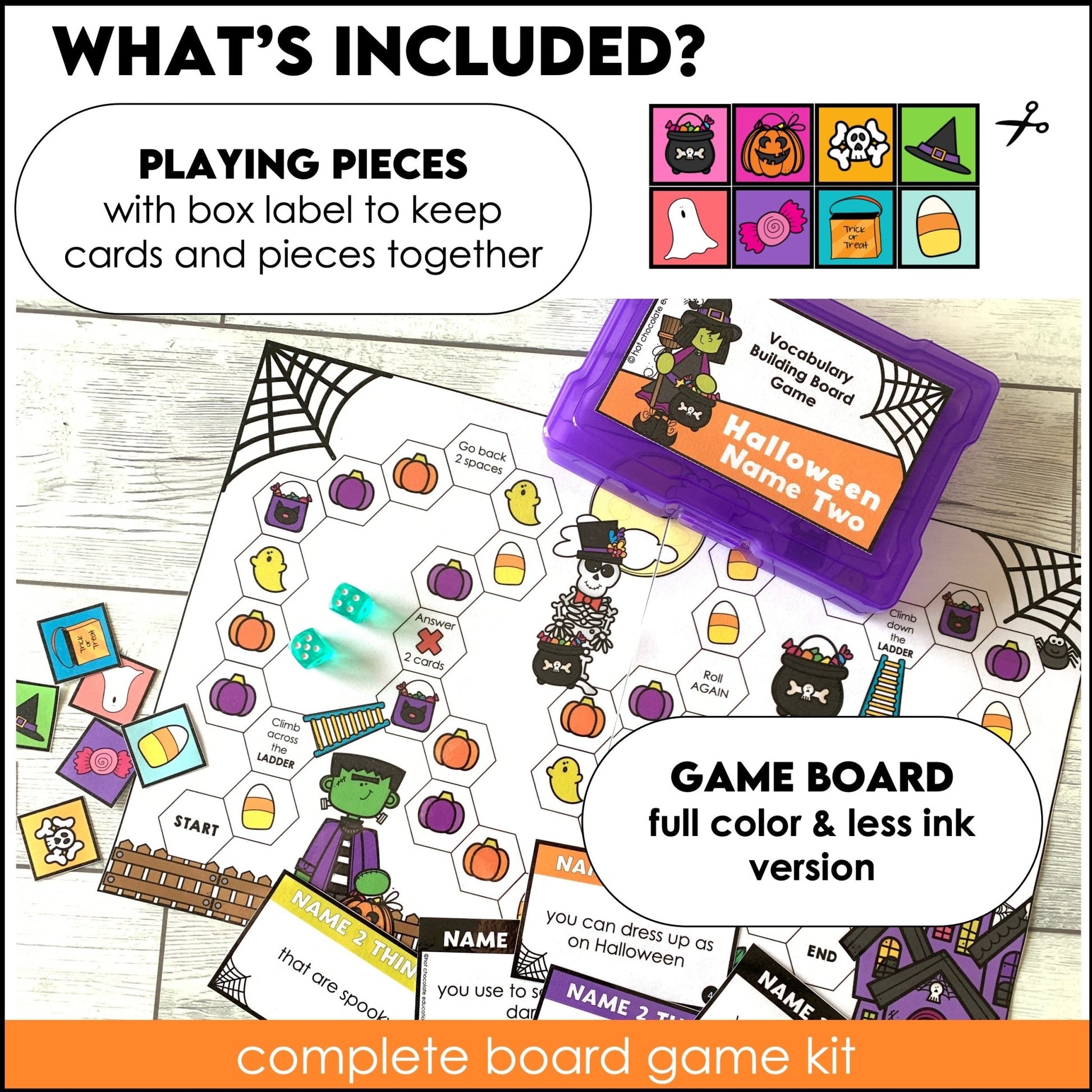 Halloween Board Game : Name 2 Things - Vocabulary Building Activity - Hot Chocolate Teachables