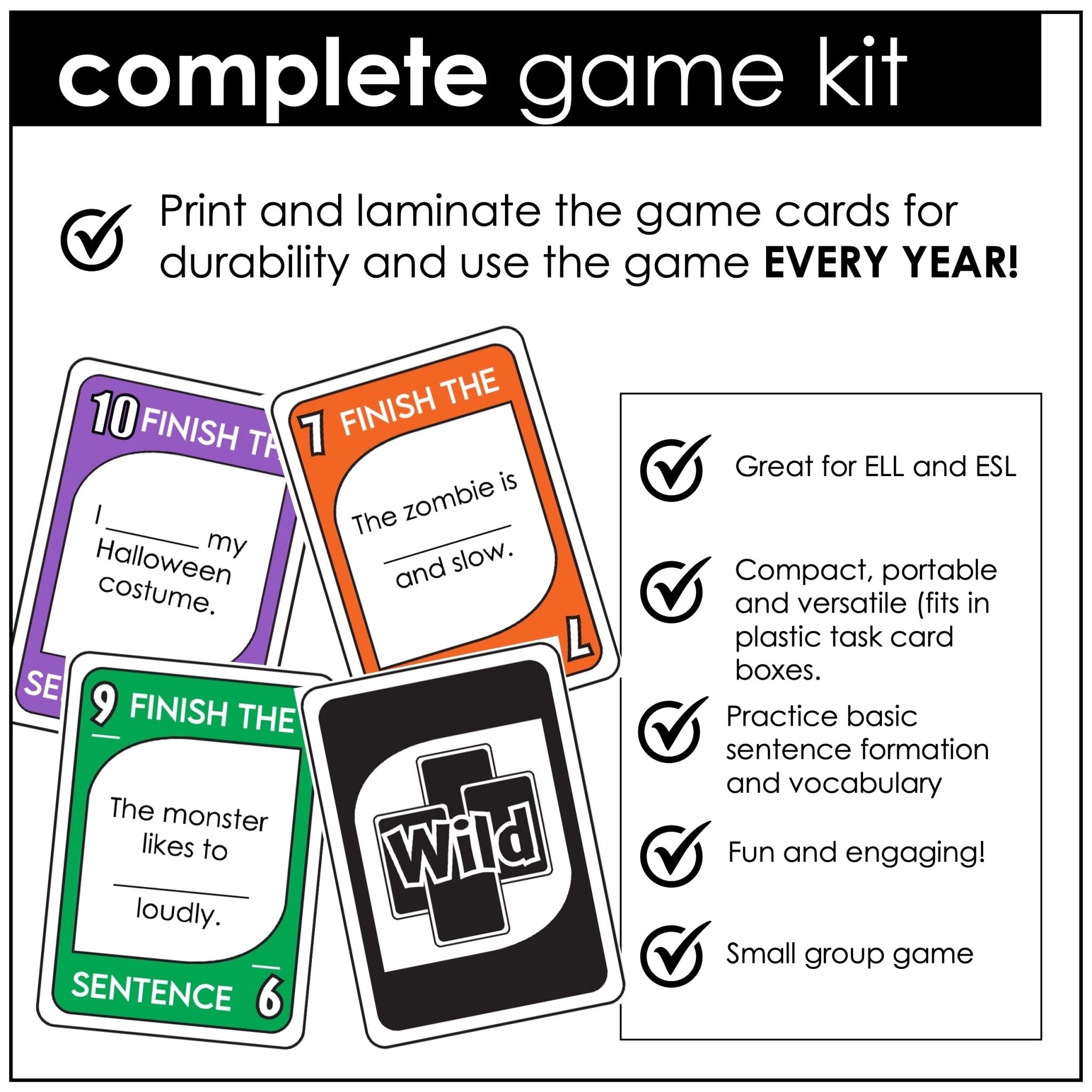 Halloween Card Game – Finish the Sentence with Adjectives, Nouns & Verbs - Hot Chocolate Teachables