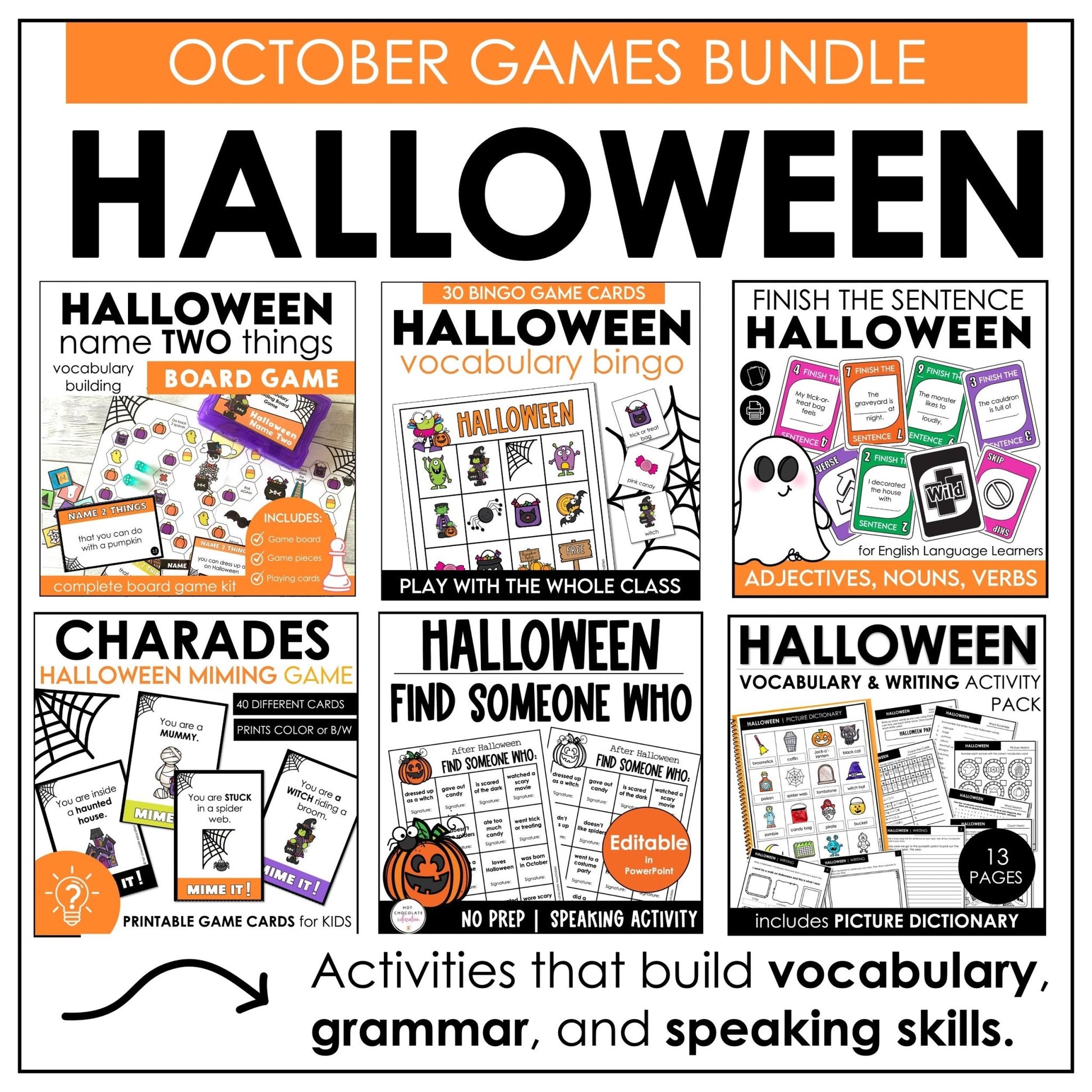 Halloween Games for ELL & ESL | October Grammar & Vocabulary Activities Bundle - Hot Chocolate Teachables