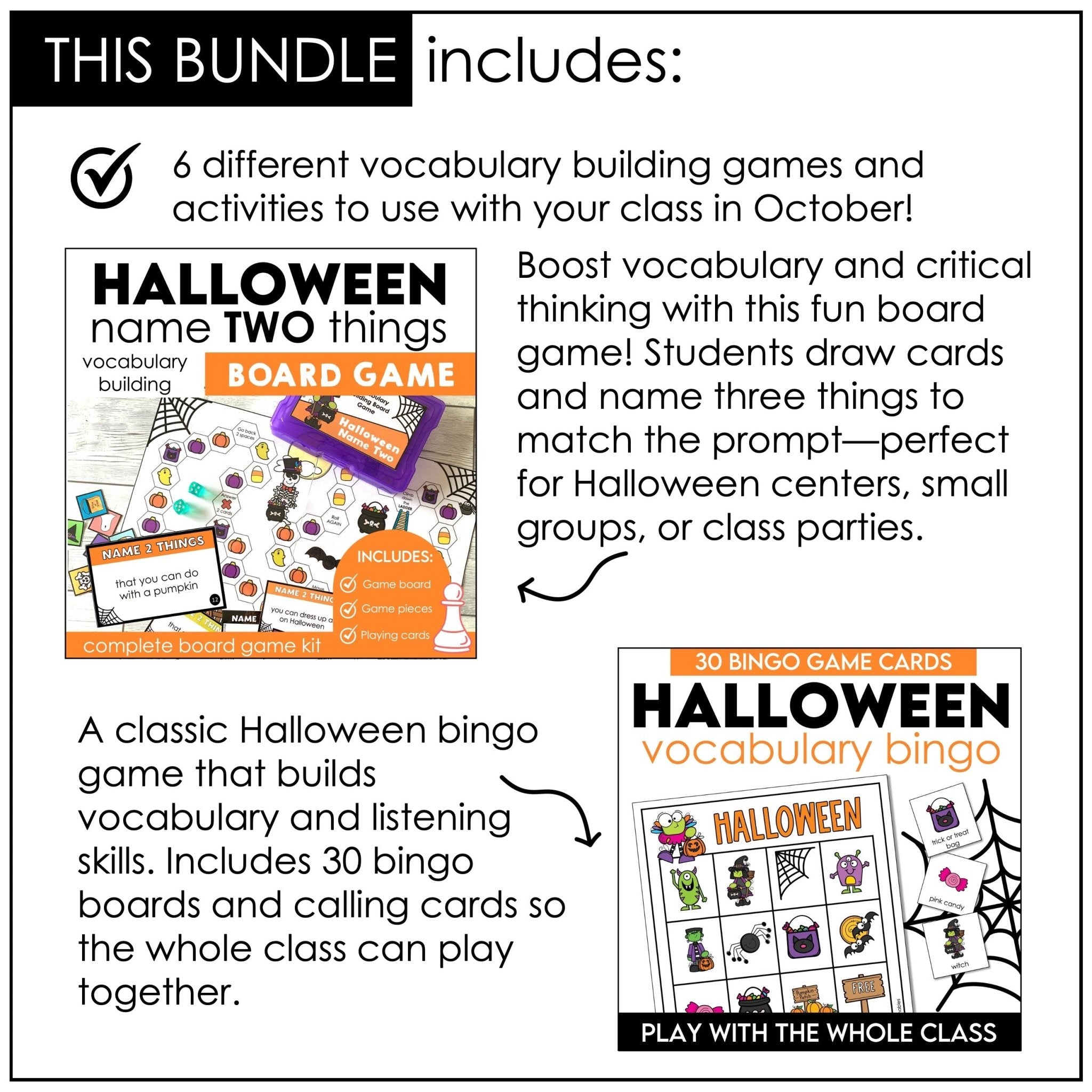Halloween Games for ELL & ESL | October Grammar & Vocabulary Activities Bundle - Hot Chocolate Teachables