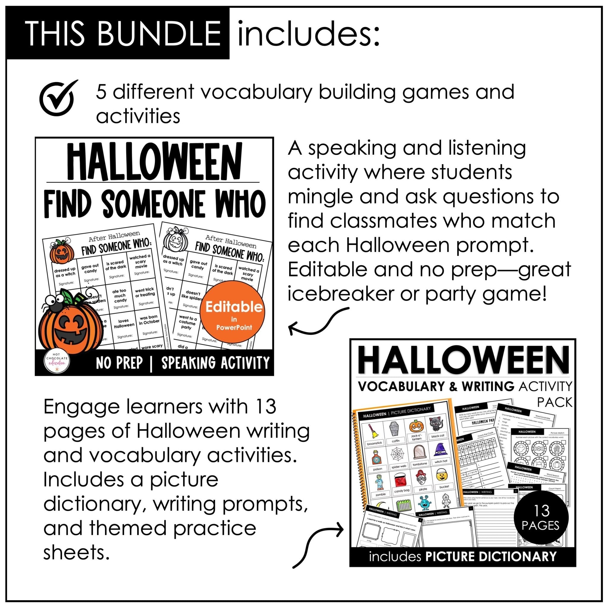 Halloween Games for ELL & ESL | October Grammar & Vocabulary Activities Bundle - Hot Chocolate Teachables