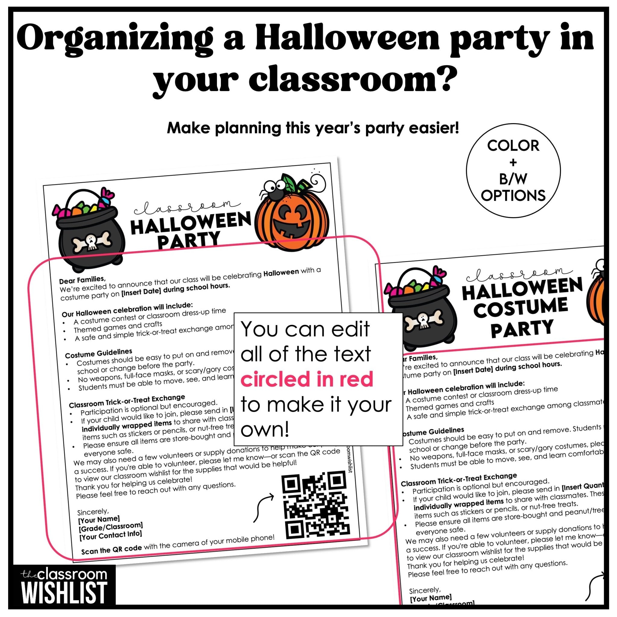 Halloween Party Letter to Parents Template | Editable | Supply WishList QR code - Hot Chocolate Teachables