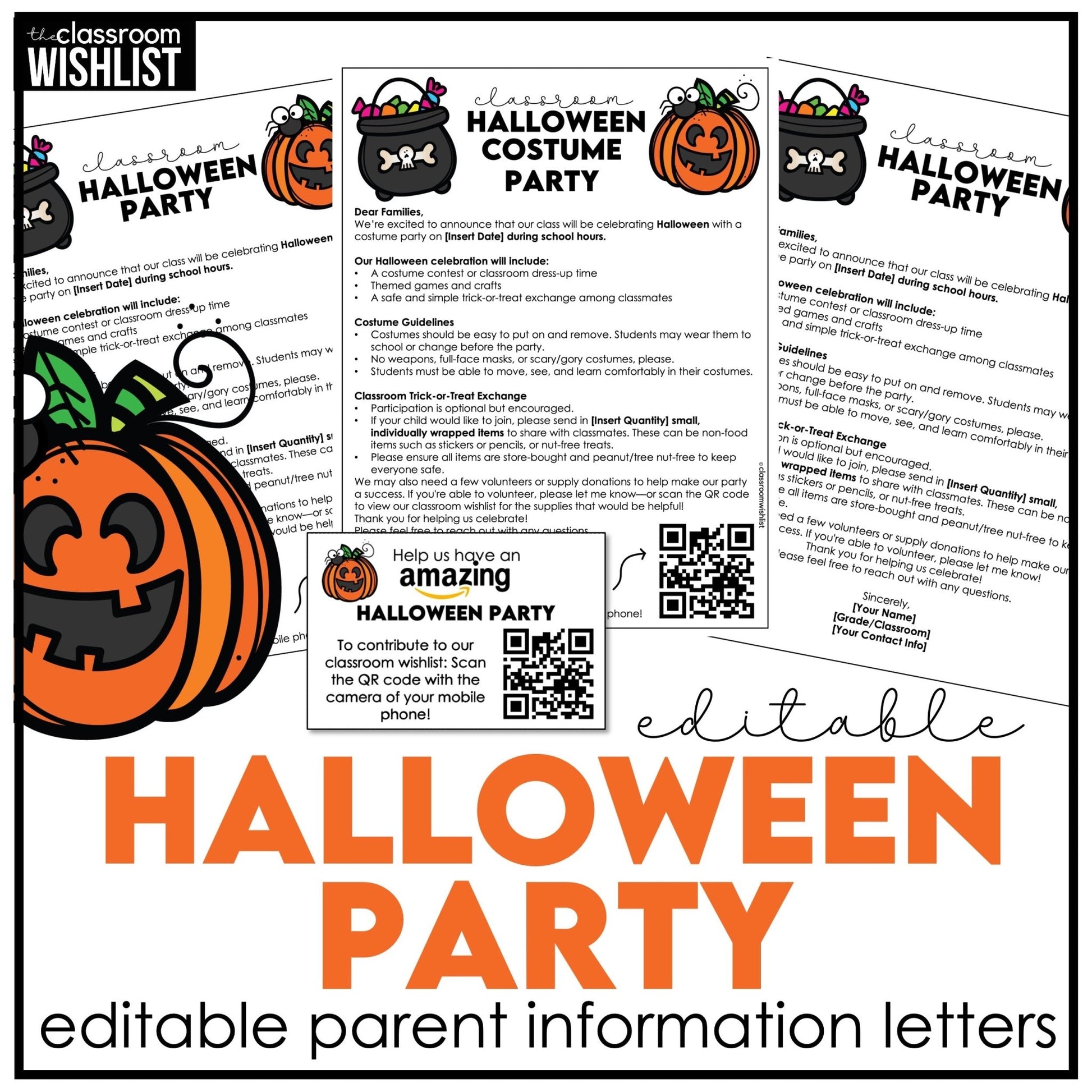 Halloween Party Letter to Parents Template | Editable | Supply WishList QR code - Hot Chocolate Teachables