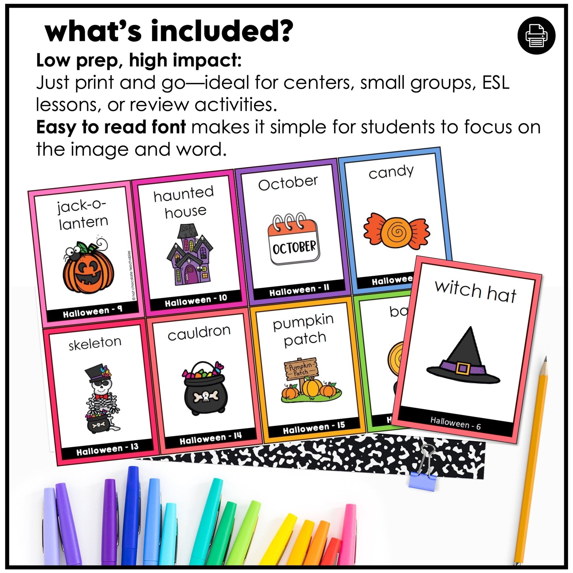 Halloween Vocabulary Flashcards : ESL Activity Cards - Flash Cards - Hot Chocolate Teachables