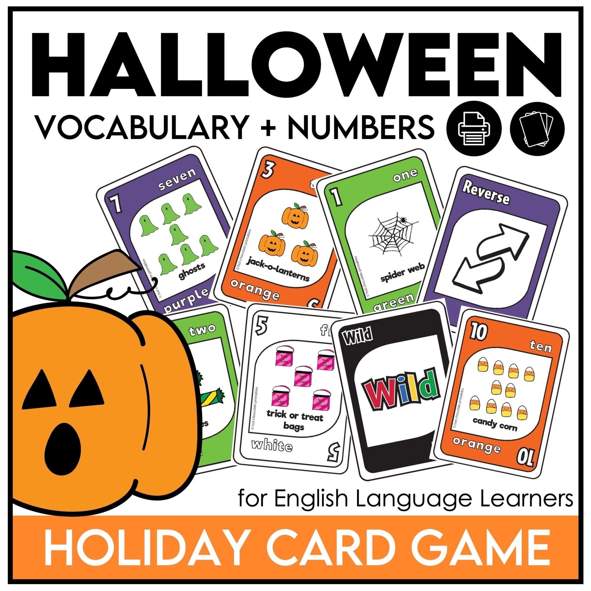 Halloween Vocabulary & Numbers Card Game for ESL – Printable Holiday UNO - Inspired Activity - Hot Chocolate Teachables