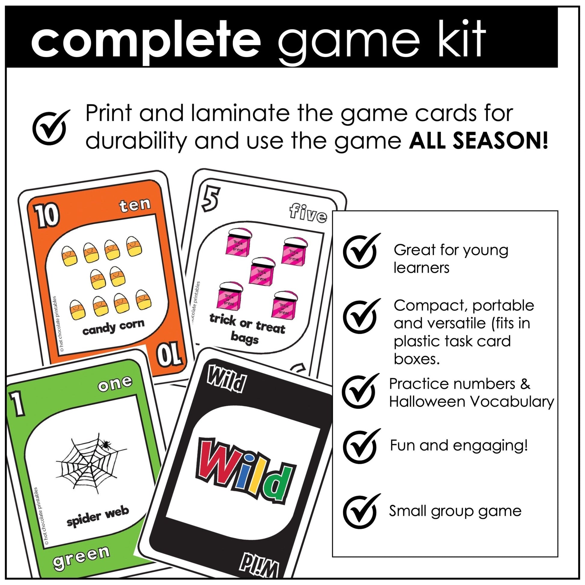 Halloween Vocabulary & Numbers Card Game for ESL – Printable Holiday UNO - Inspired Activity - Hot Chocolate Teachables