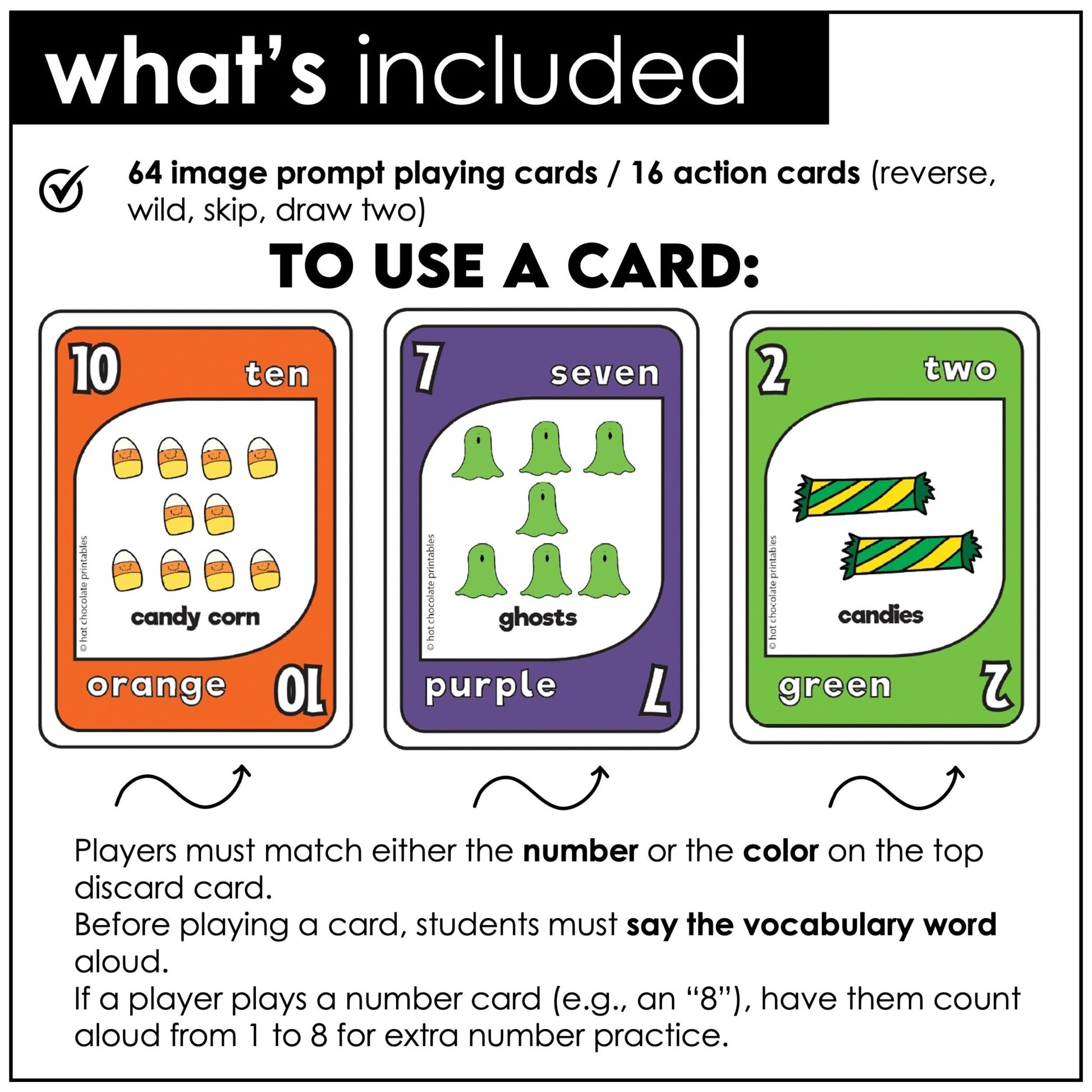 Halloween Vocabulary & Numbers Card Game for ESL – Printable Holiday UNO - Inspired Activity - Hot Chocolate Teachables