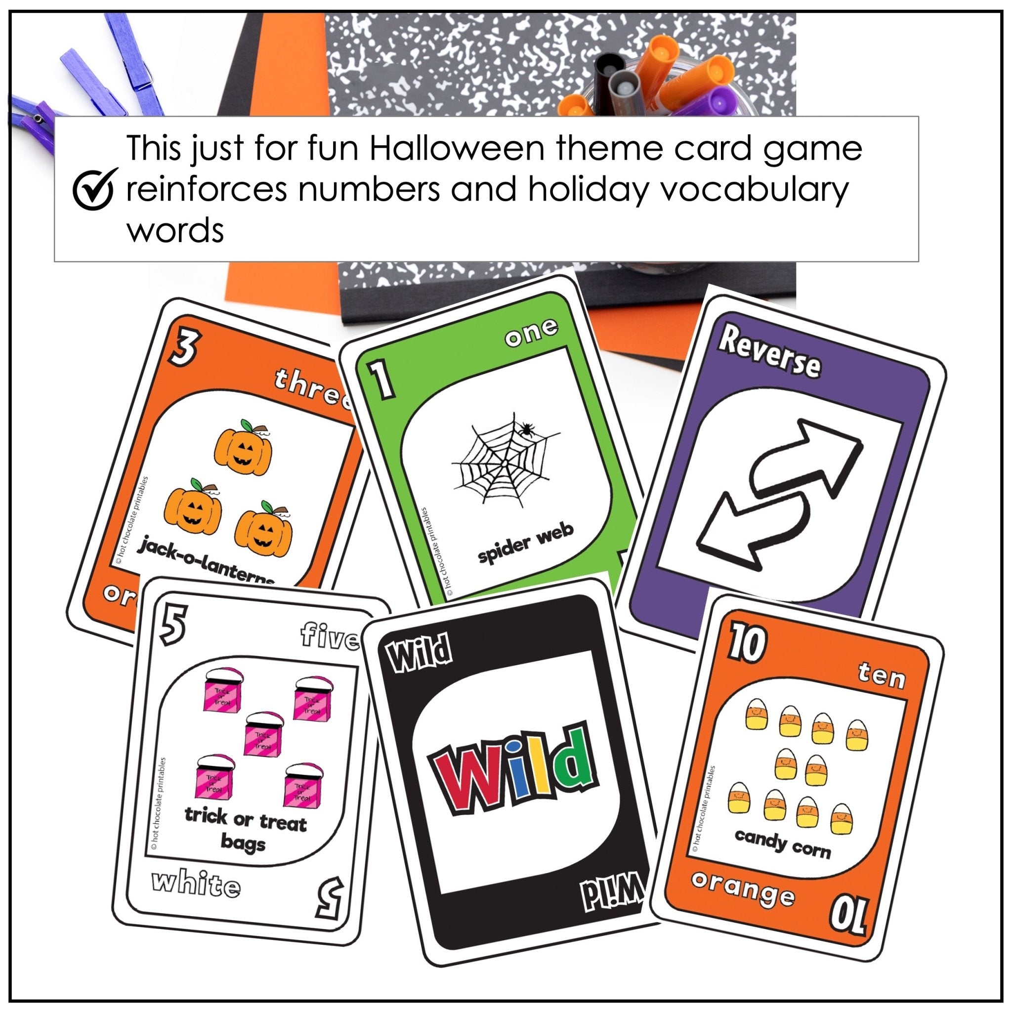 Halloween Vocabulary & Numbers Card Game for ESL – Printable Holiday UNO - Inspired Activity - Hot Chocolate Teachables