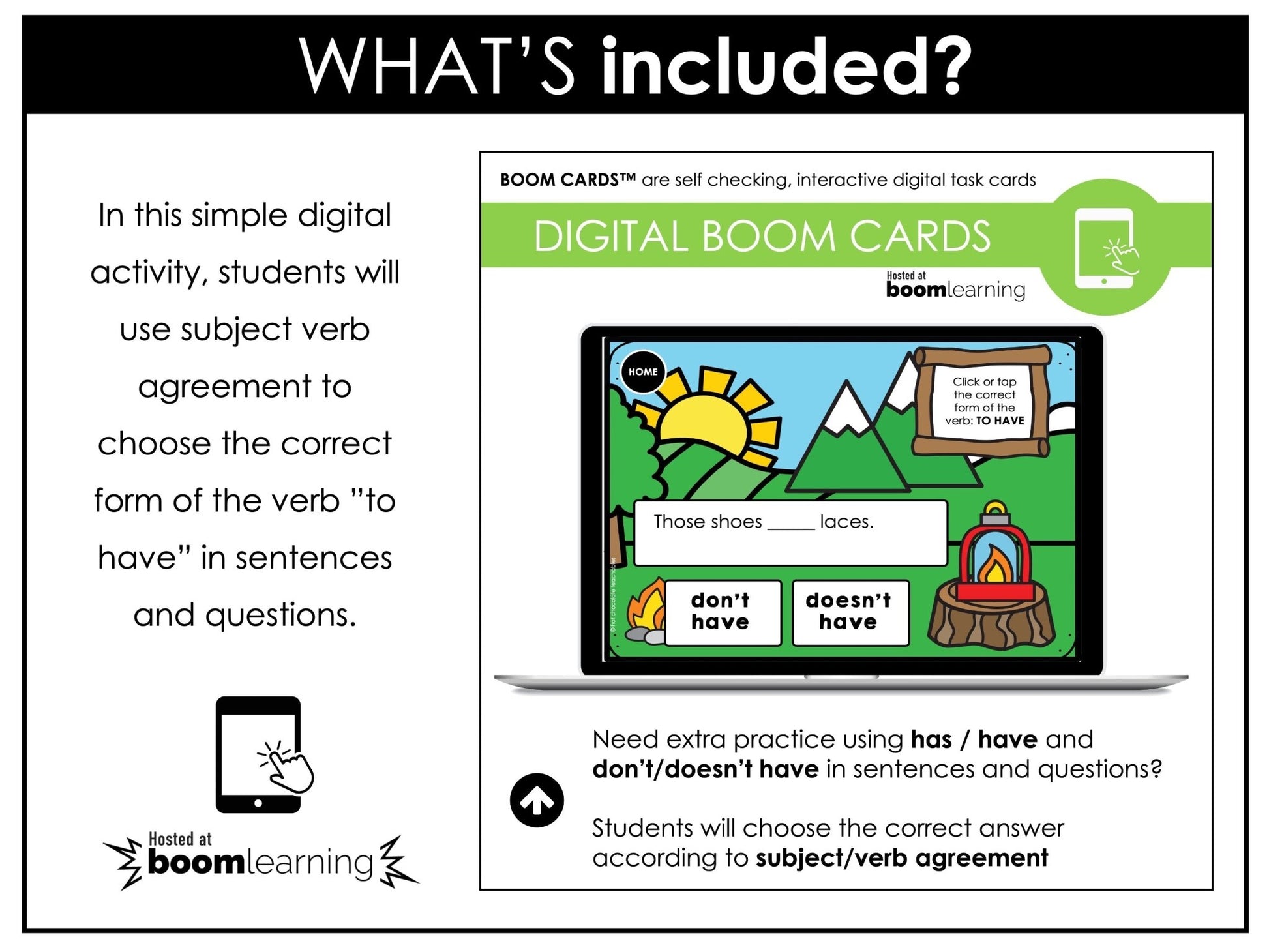HAS & HAVE - Subject Verb Agreement ESL Boom Cards - Present Simple - Hot Chocolate Teachables