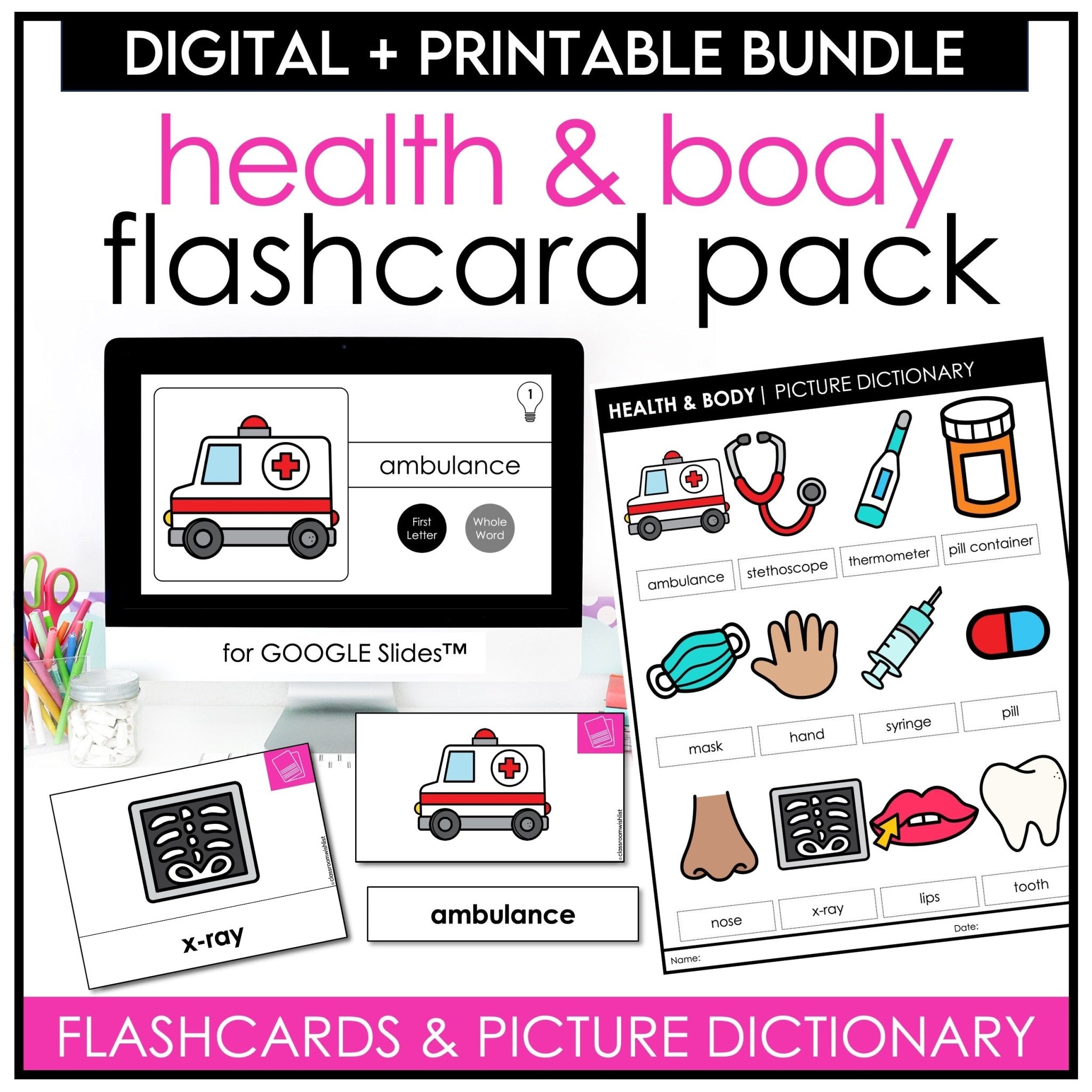 Health & Body Vocabulary Flashcards | Digital + Print | Picture Dictionary | ESL - Hot Chocolate Teachables