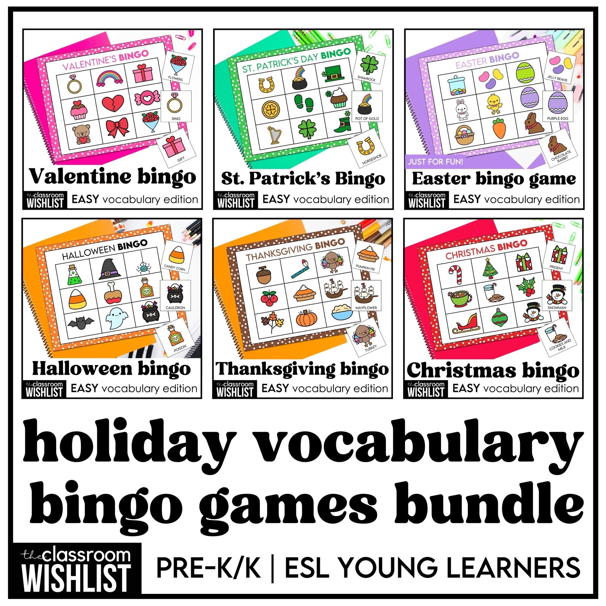 Holiday Vocabulary Bingo Bundle for Preschool | Kindergarten | ESL Learners - Hot Chocolate Teachables