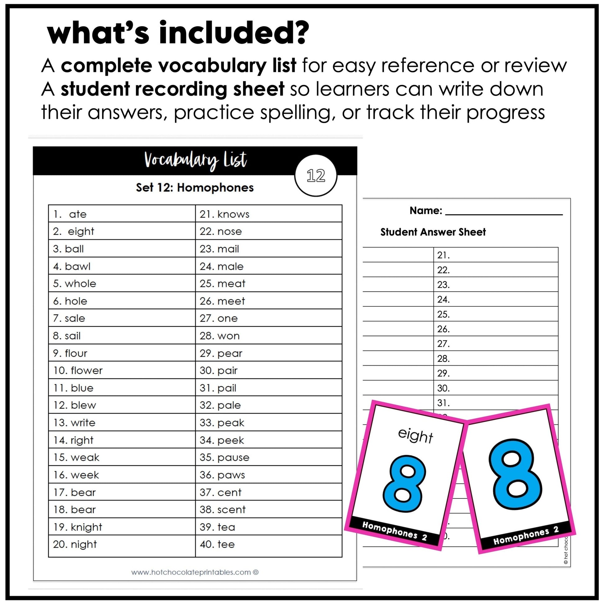 Homophone Identification Flashcards : ESL Vocabulary Task Cards - Flash Cards - Hot Chocolate Teachables
