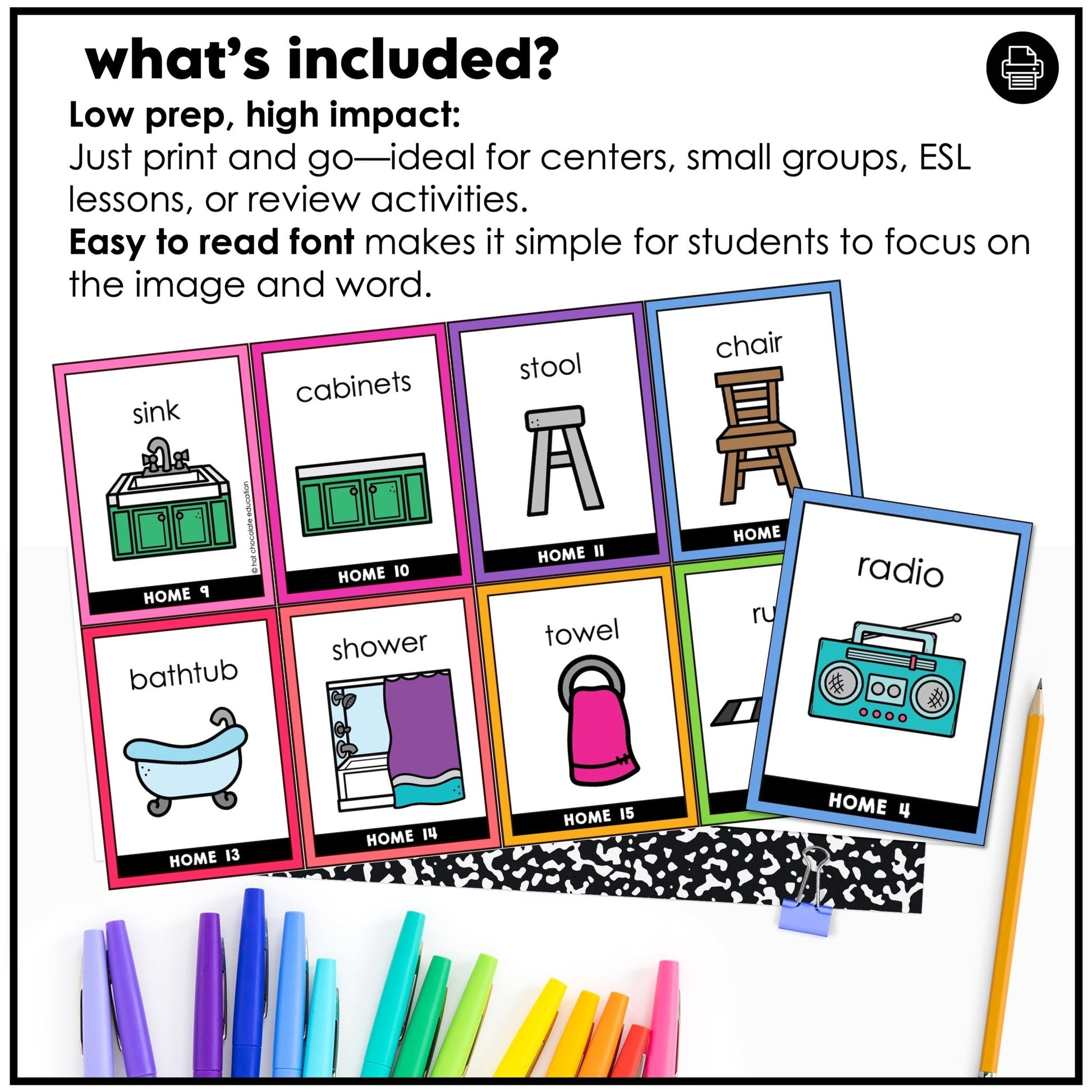 House & Furniture Vocabulary Flashcards for ESL - Kitchen, Bath, Home - Hot Chocolate Teachables