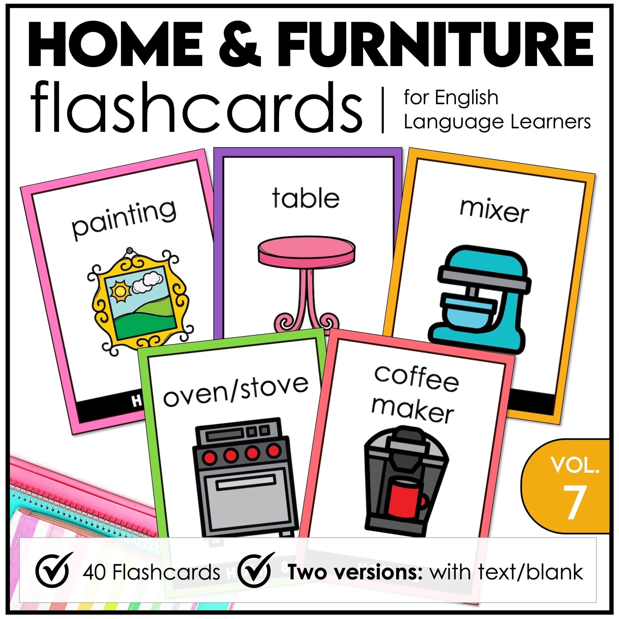 House & Furniture Vocabulary Flashcards for ESL - Kitchen, Bath, Home - Hot Chocolate Teachables