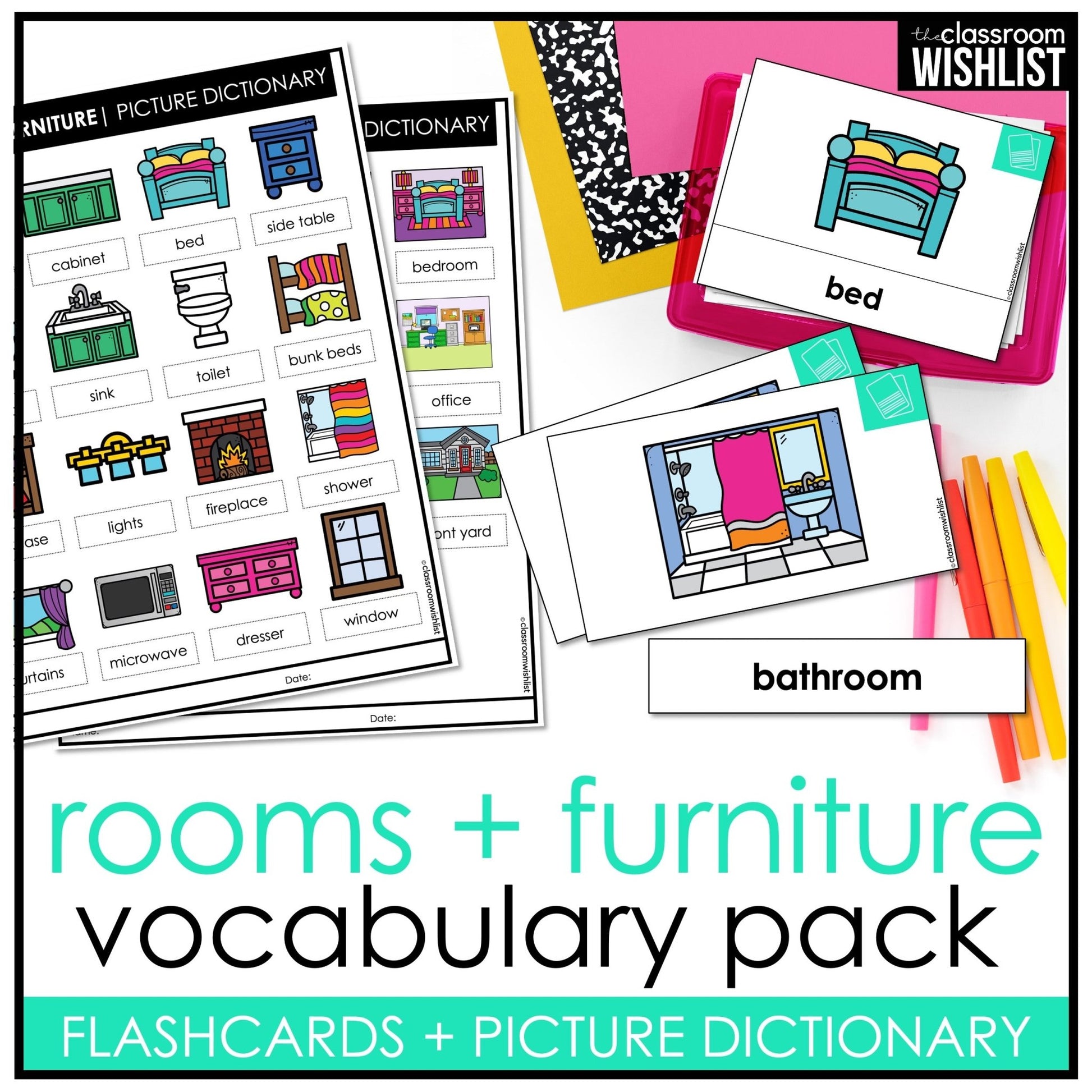 House, Rooms & Furniture Vocabulary Pack: Flashcards & Picture Dictionary - Hot Chocolate Teachables