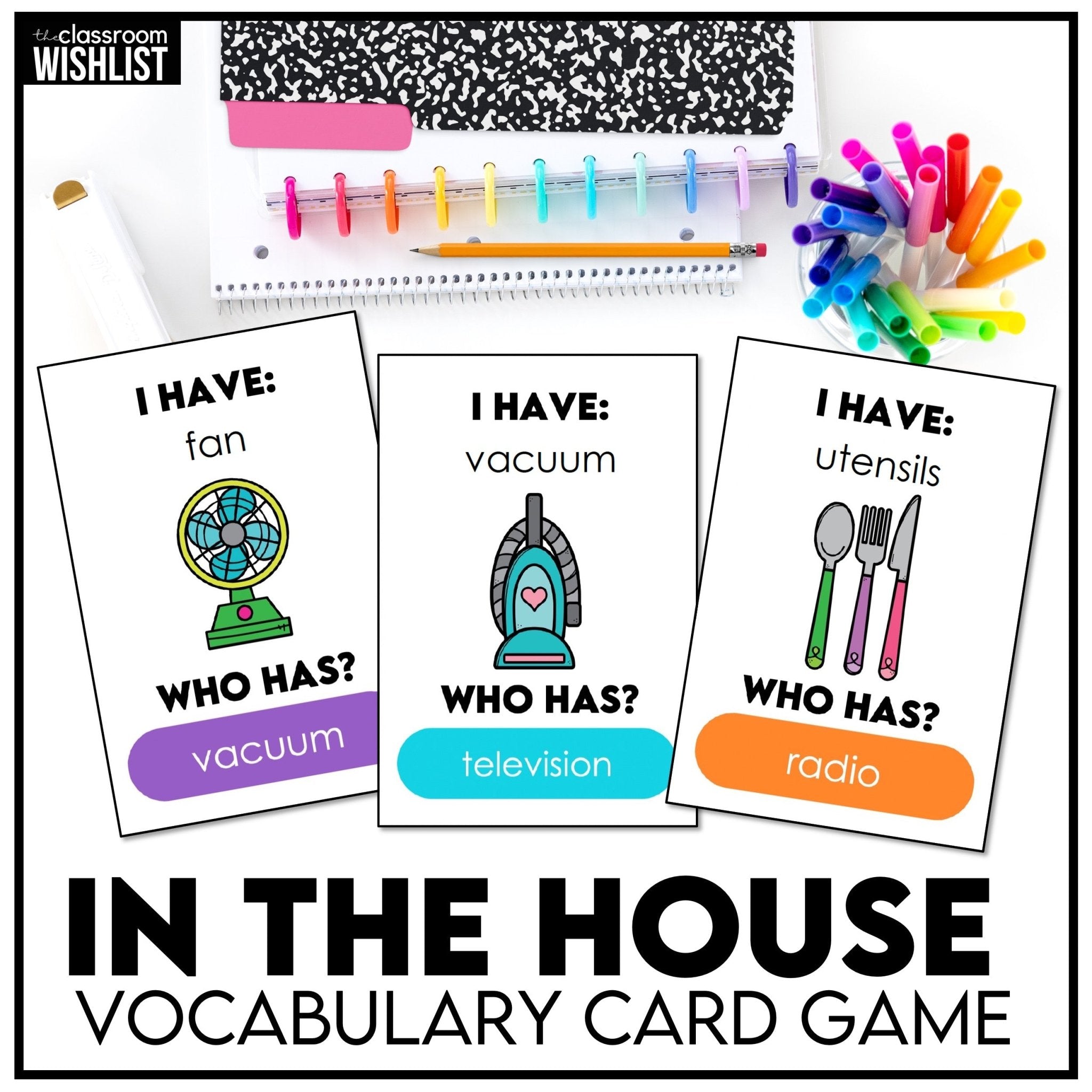 Household Objects - I Have, Who Has? | Things in a House Vocabulary Card Game - Hot Chocolate Teachables