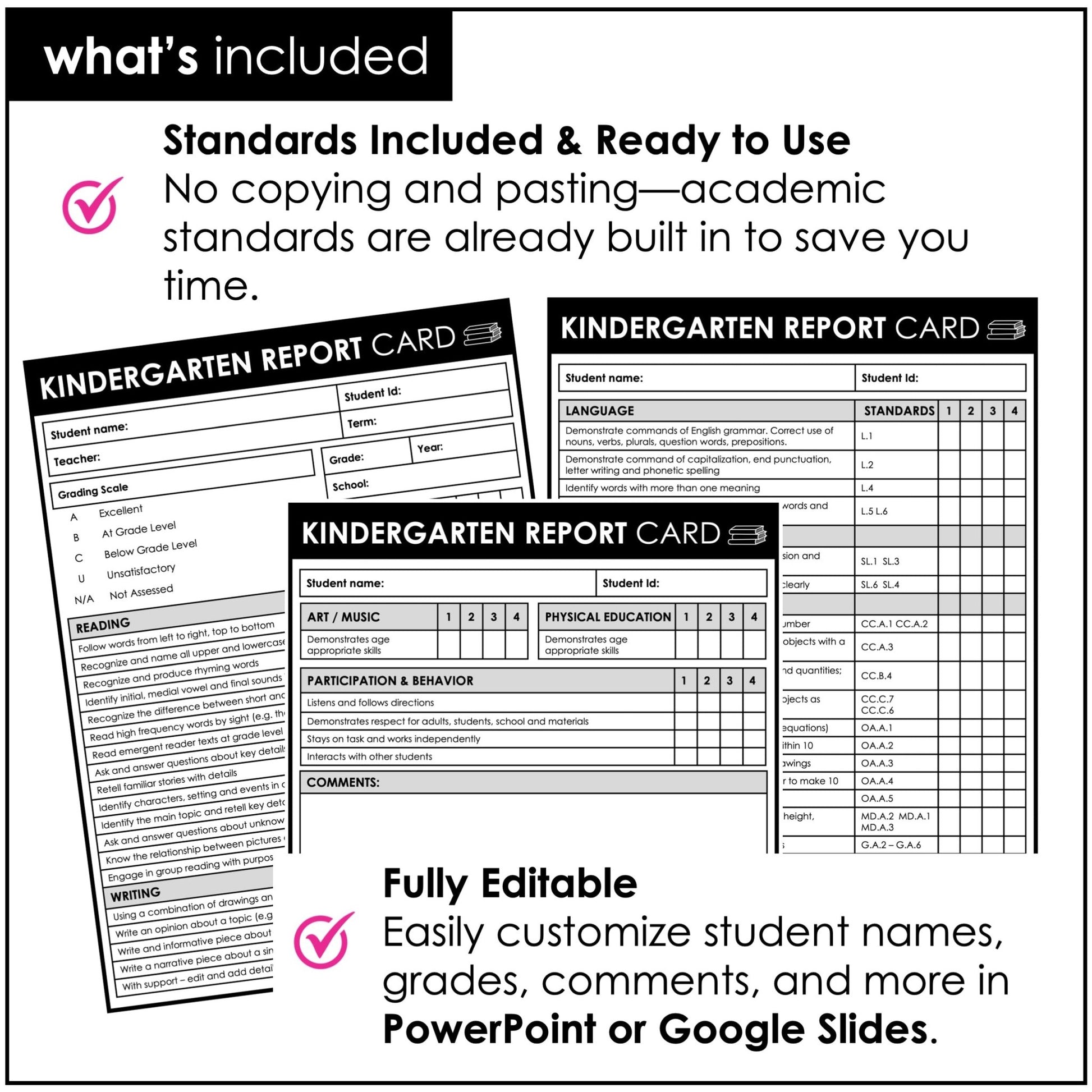 Kindergarten Report Card Templates – Editable with Common Core Standards - Hot Chocolate Teachables