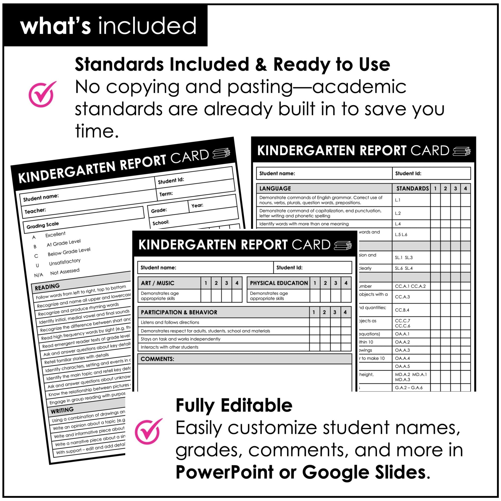 Kindergarten Report Card Templates – Editable with Common Core Standards - Hot Chocolate Teachables