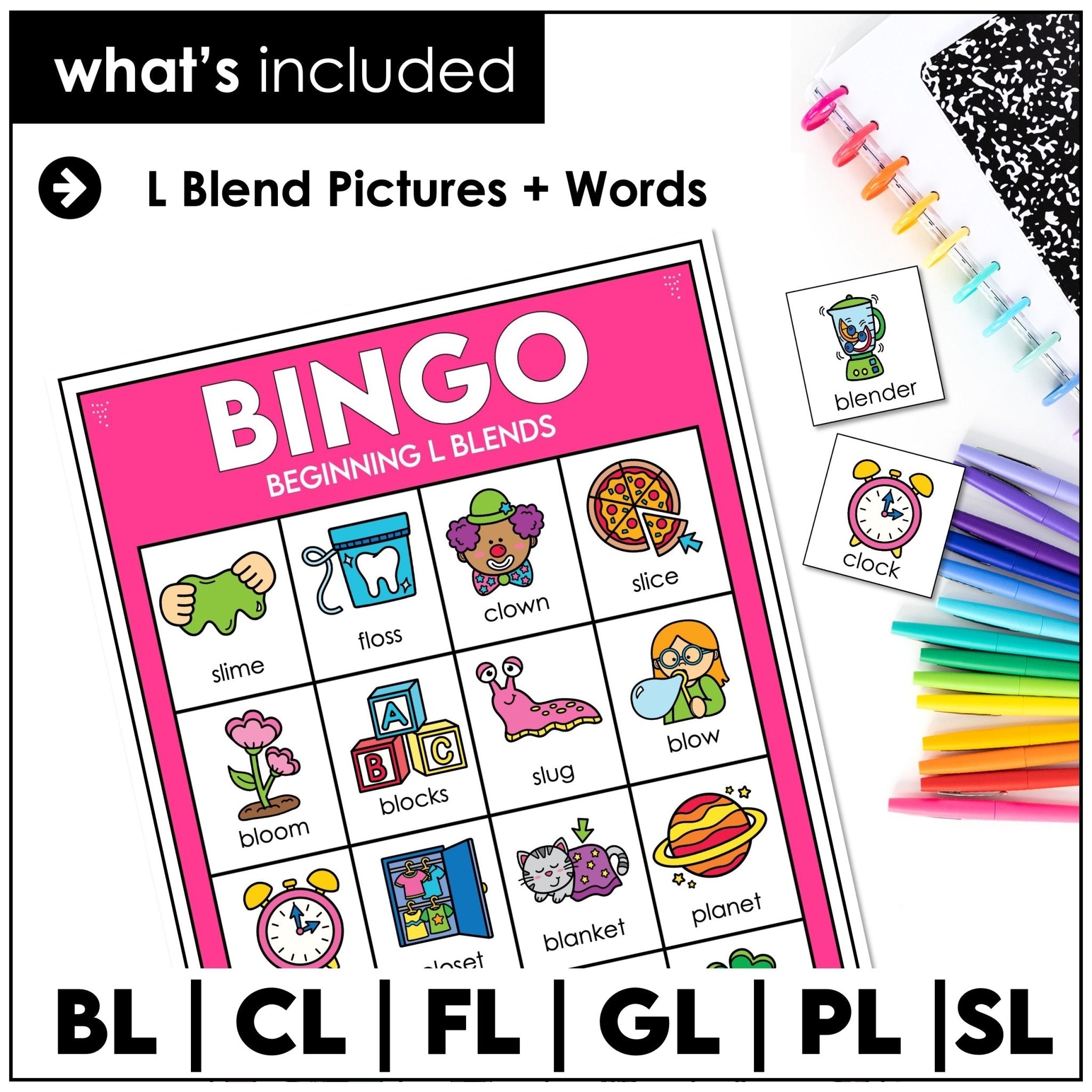 L Blends Bingo Game – Beginning Consonant Blends BL, CL, FL, GL, PL, SL Phonics - Hot Chocolate Teachables
