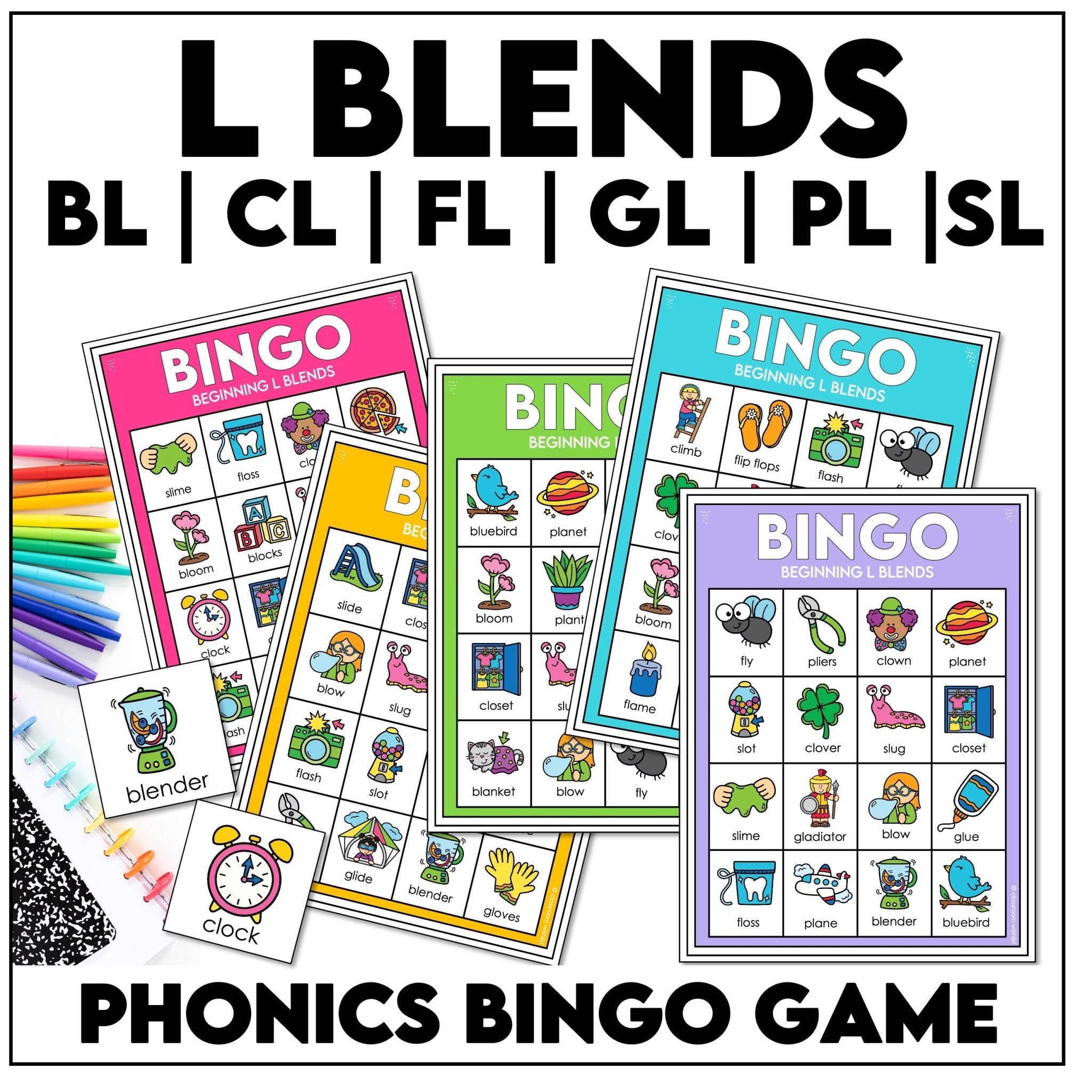 L Blends Bingo Game – Beginning Consonant Blends BL, CL, FL, GL, PL, SL Phonics - Hot Chocolate Teachables