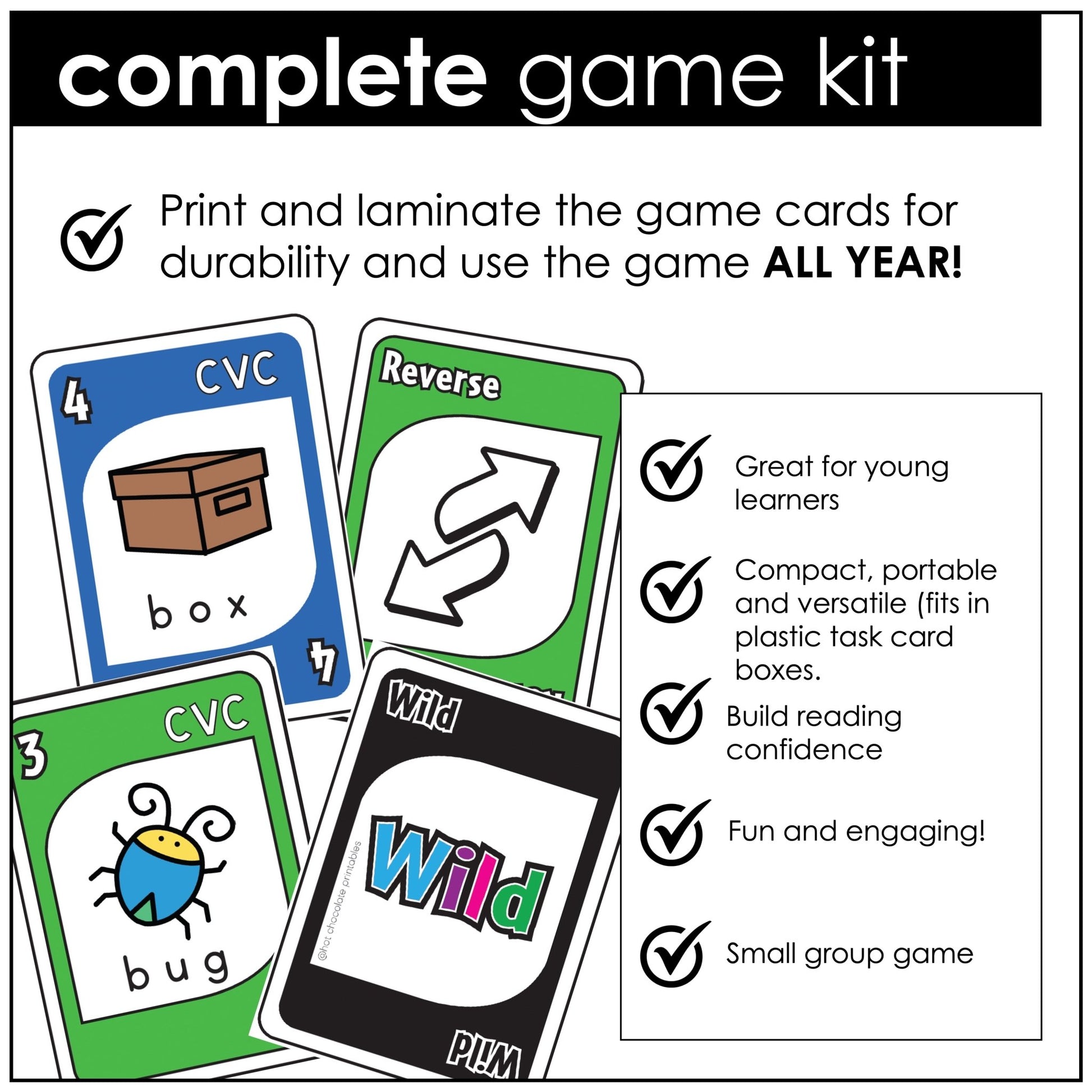 Literacy Card Game: CVC words Short A - E - I - O - U with image and missing vowel - Hot Chocolate Teachables