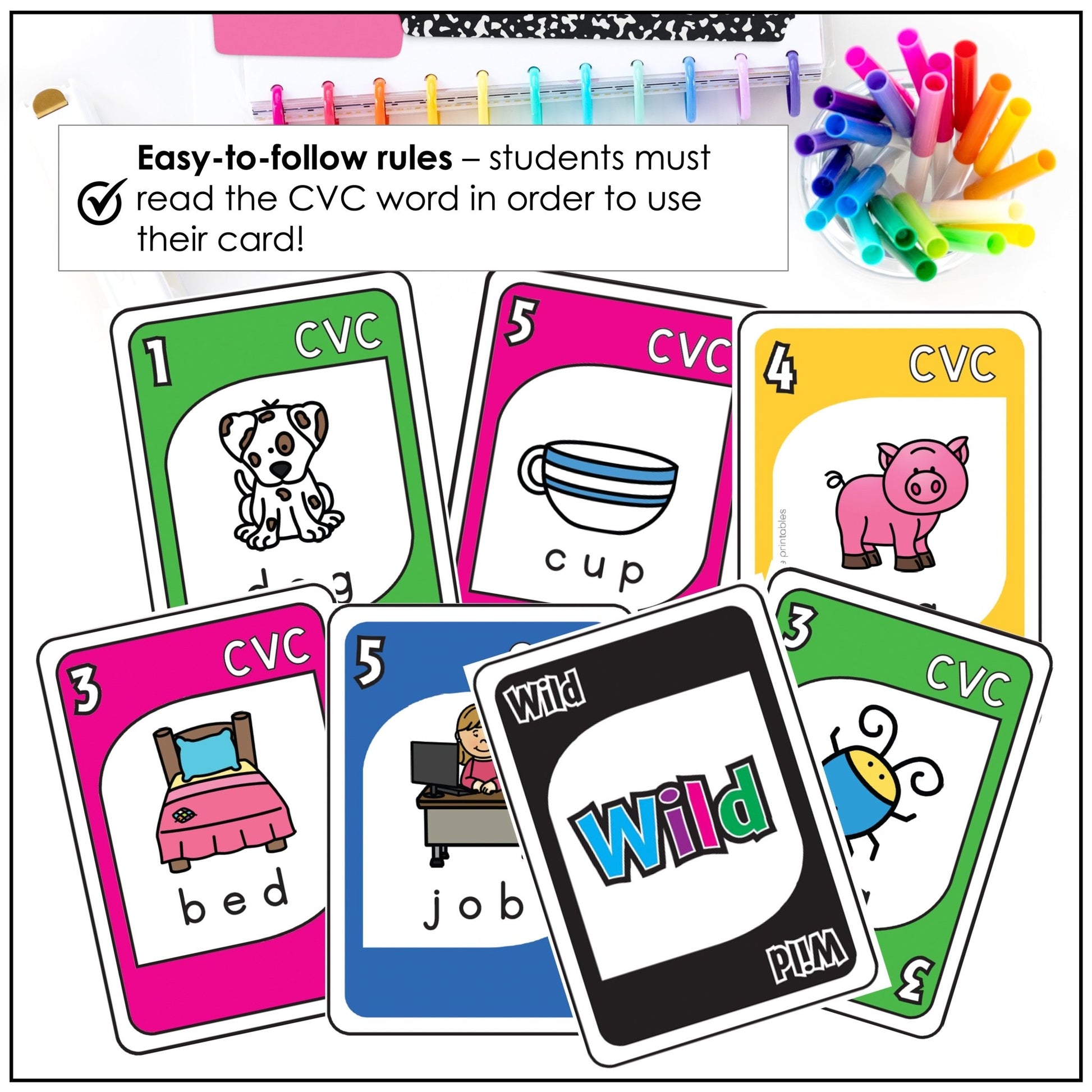 Literacy Card Game: CVC words Short A - E - I - O - U with image and missing vowel - Hot Chocolate Teachables