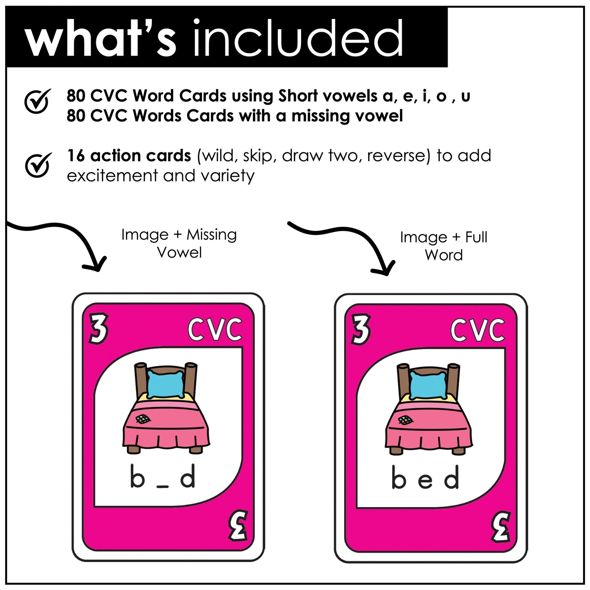 Literacy Card Game: CVC words Short A - E - I - O - U with image and missing vowel - Hot Chocolate Teachables