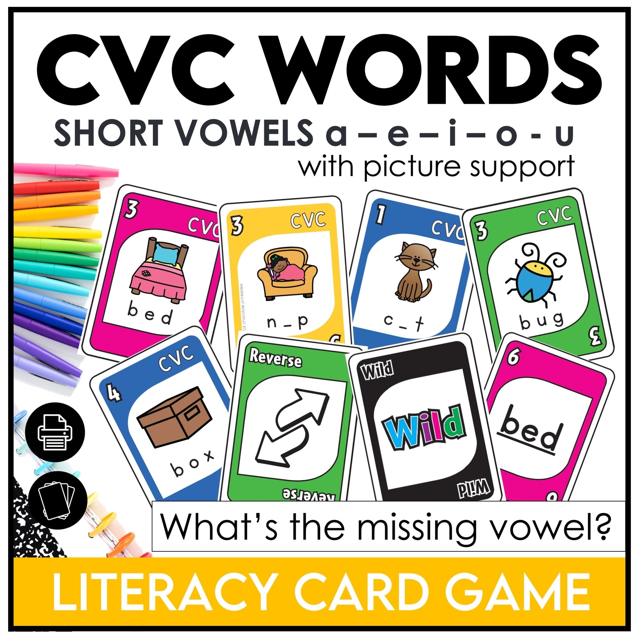 Literacy Card Game: CVC words Short A - E - I - O - U with image and missing vowel - Hot Chocolate Teachables
