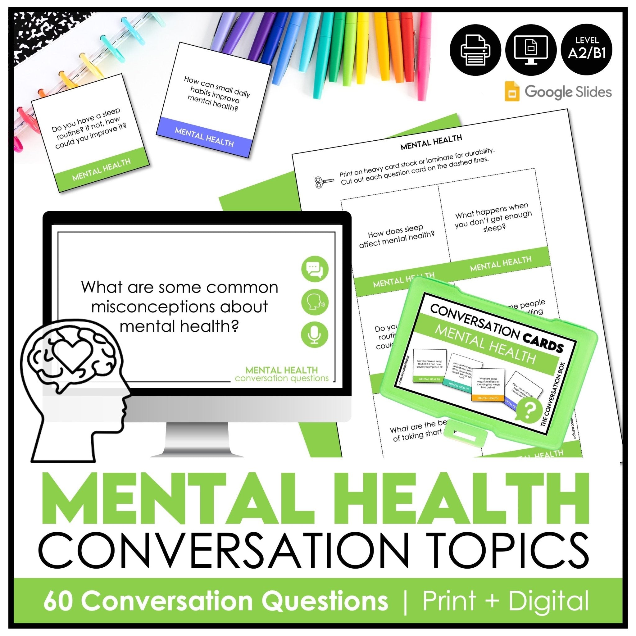 Mental Health & Well - Being Conversation Question Cards | 60 Discussion Prompts - Hot Chocolate Teachables