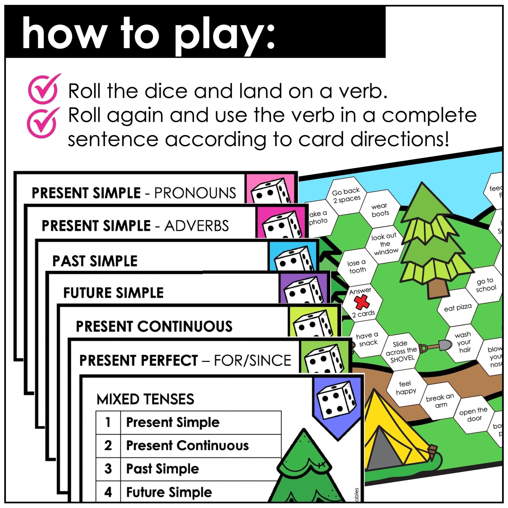 Mixed Verb Tenses Board Game - 6 Ways to Play - Present, Past, Future, Adverbs - Hot Chocolate Teachables