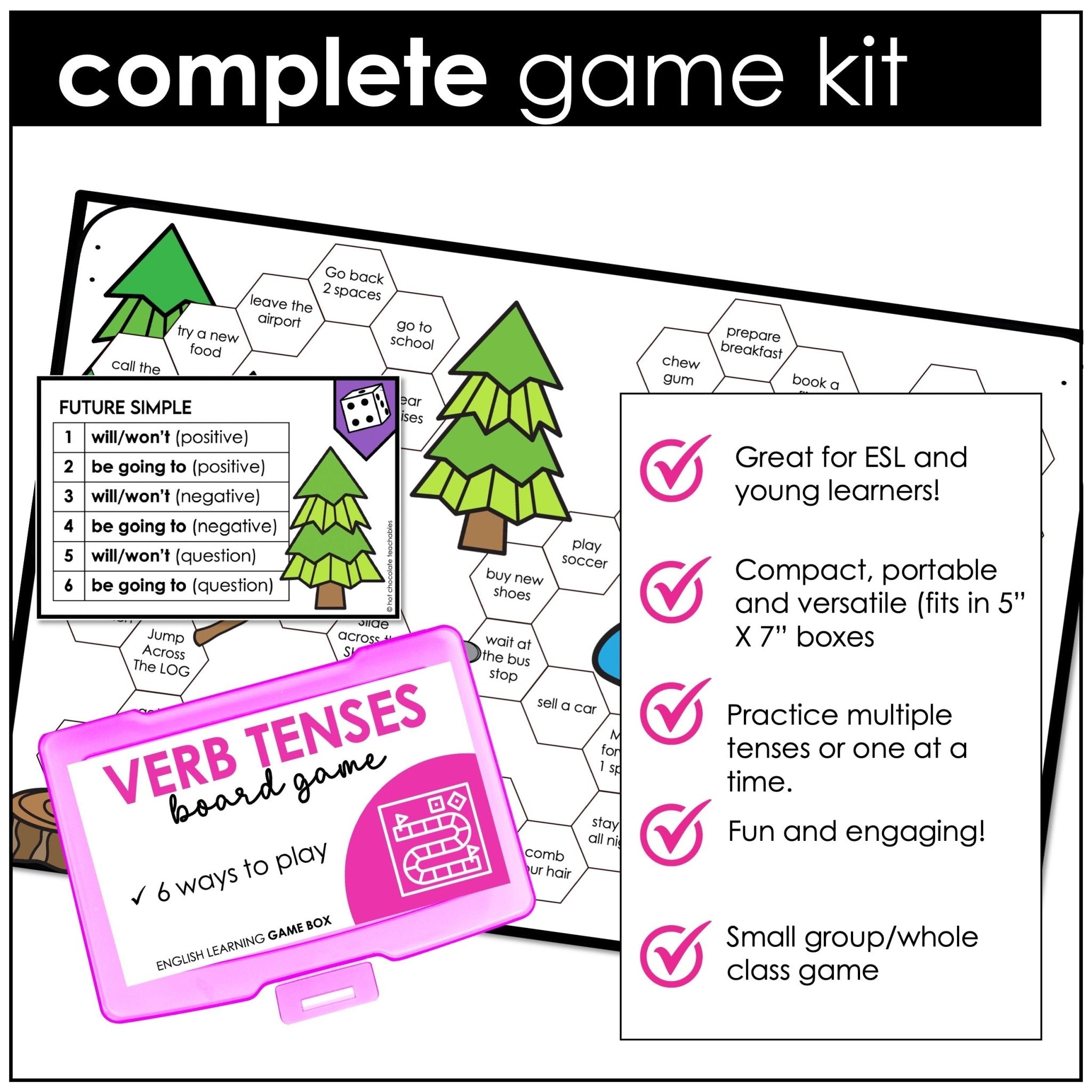 Mixed Verb Tenses Board Game - 6 Ways to Play - Present, Past, Future, Adverbs - Hot Chocolate Teachables