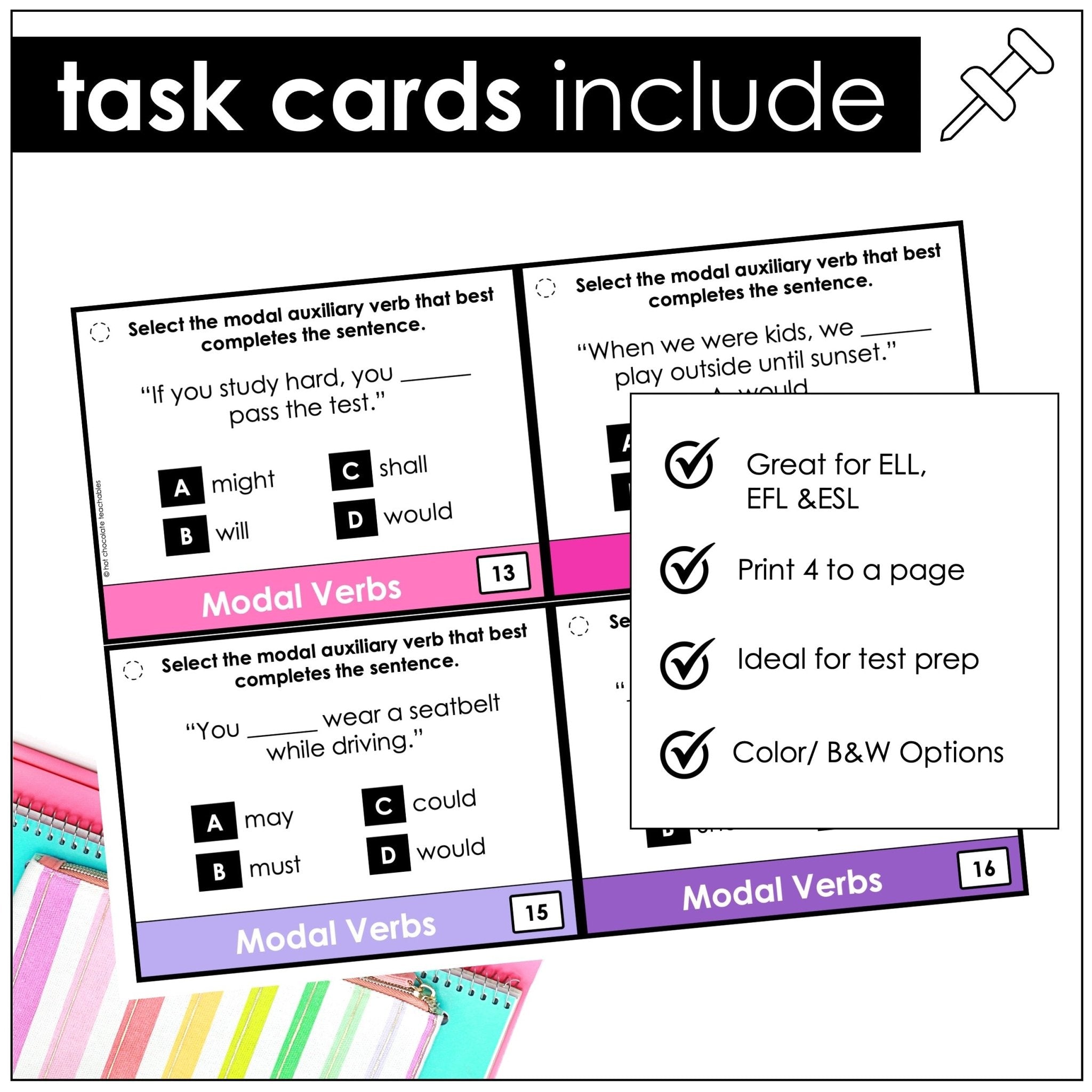 Modal Verbs Task Cards – Must, Should, Would, Can, Could, May, Might, Will, Shall (ESL Grammar) - Hot Chocolate Teachables