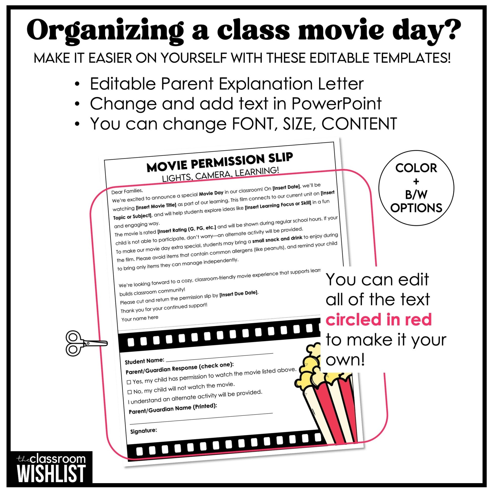 Movie Permission Slips, Editable Parent Explanation Letter, Movie Worksheets - Hot Chocolate Teachables