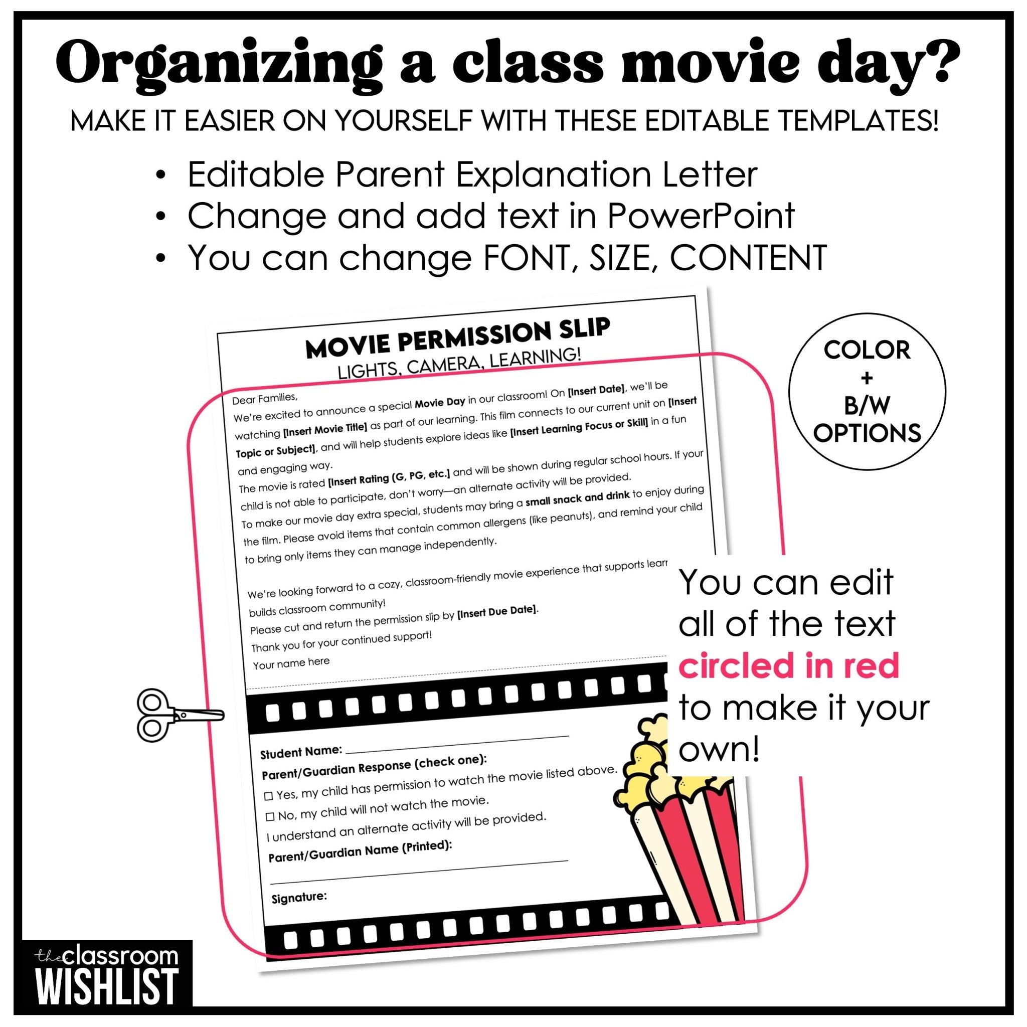 Movie Permission Slips, Editable Parent Explanation Letter, Movie Worksheets - Hot Chocolate Teachables