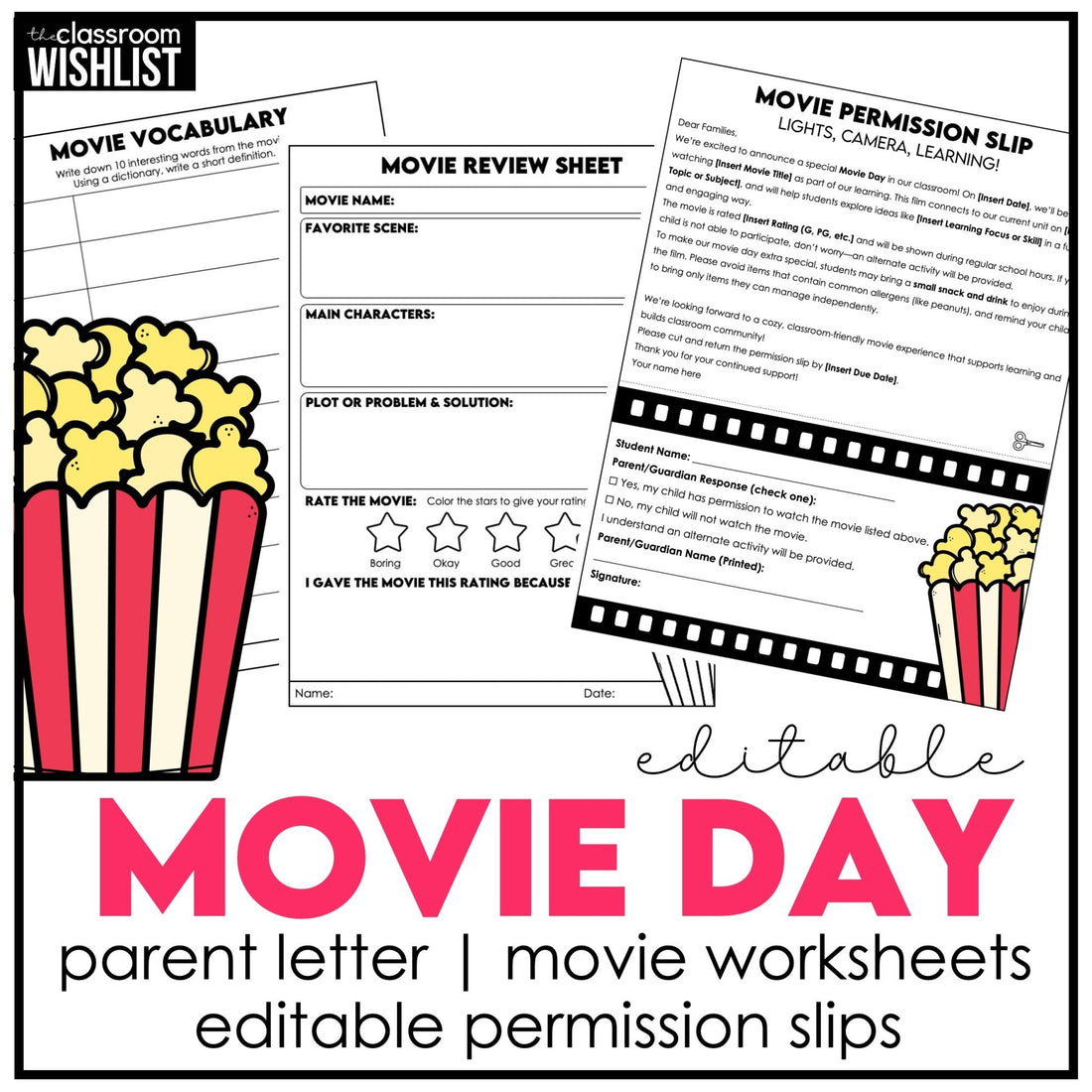 Movie Permission Slips, Editable Parent Explanation Letter, Movie Worksheets - Hot Chocolate Teachables