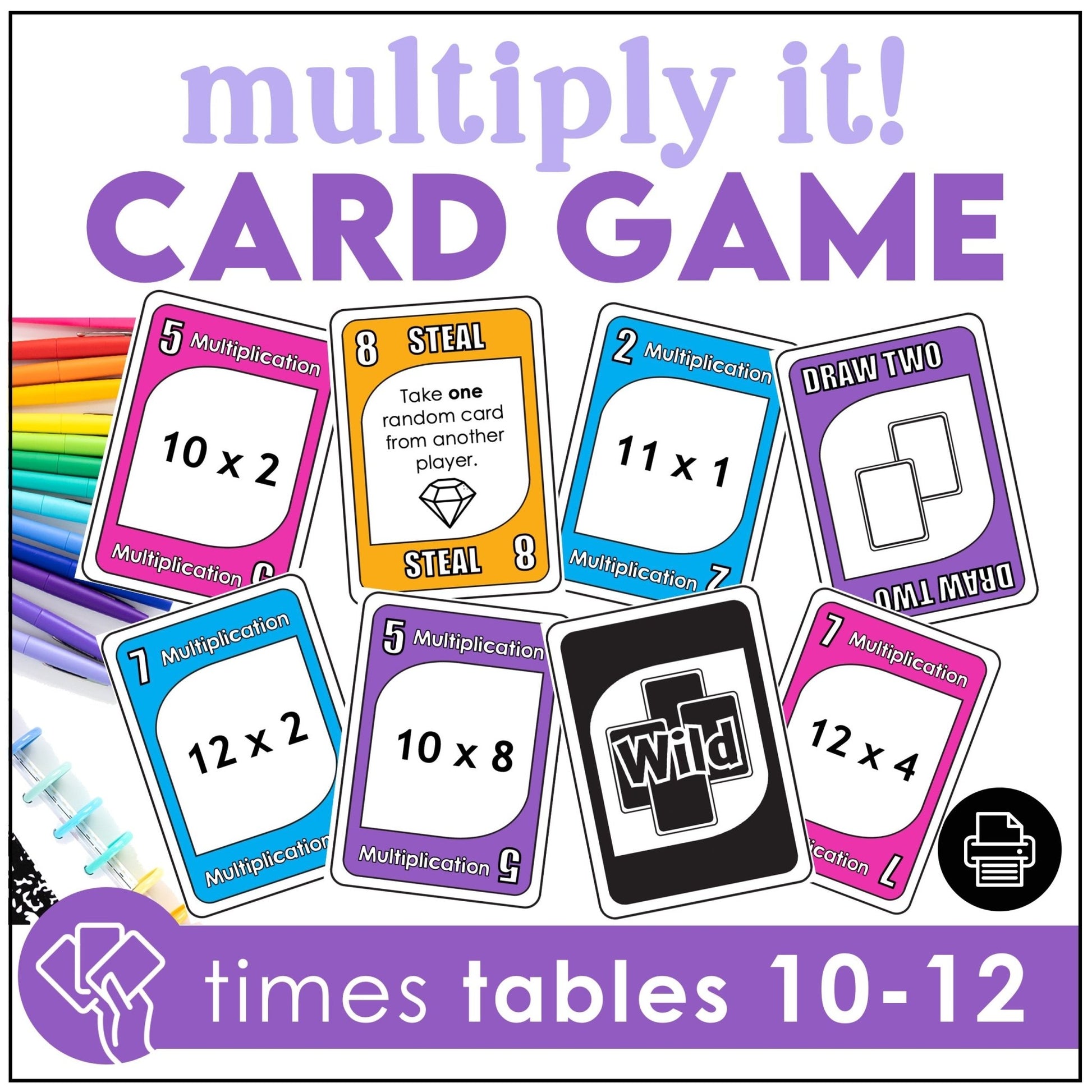 Multiplication Card Game – Times Tables 10–12 Math Fact Fluency Practice - Hot Chocolate Teachables