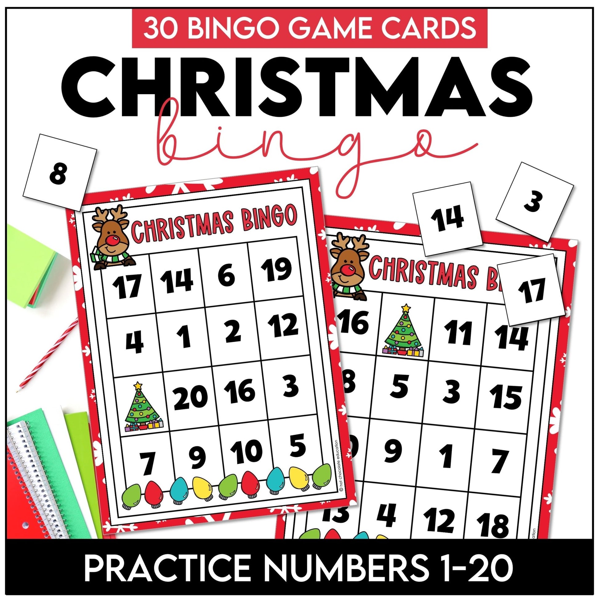 Numbers 1 - 20 Bingo Game - Christmas Theme - Hot Chocolate Teachables