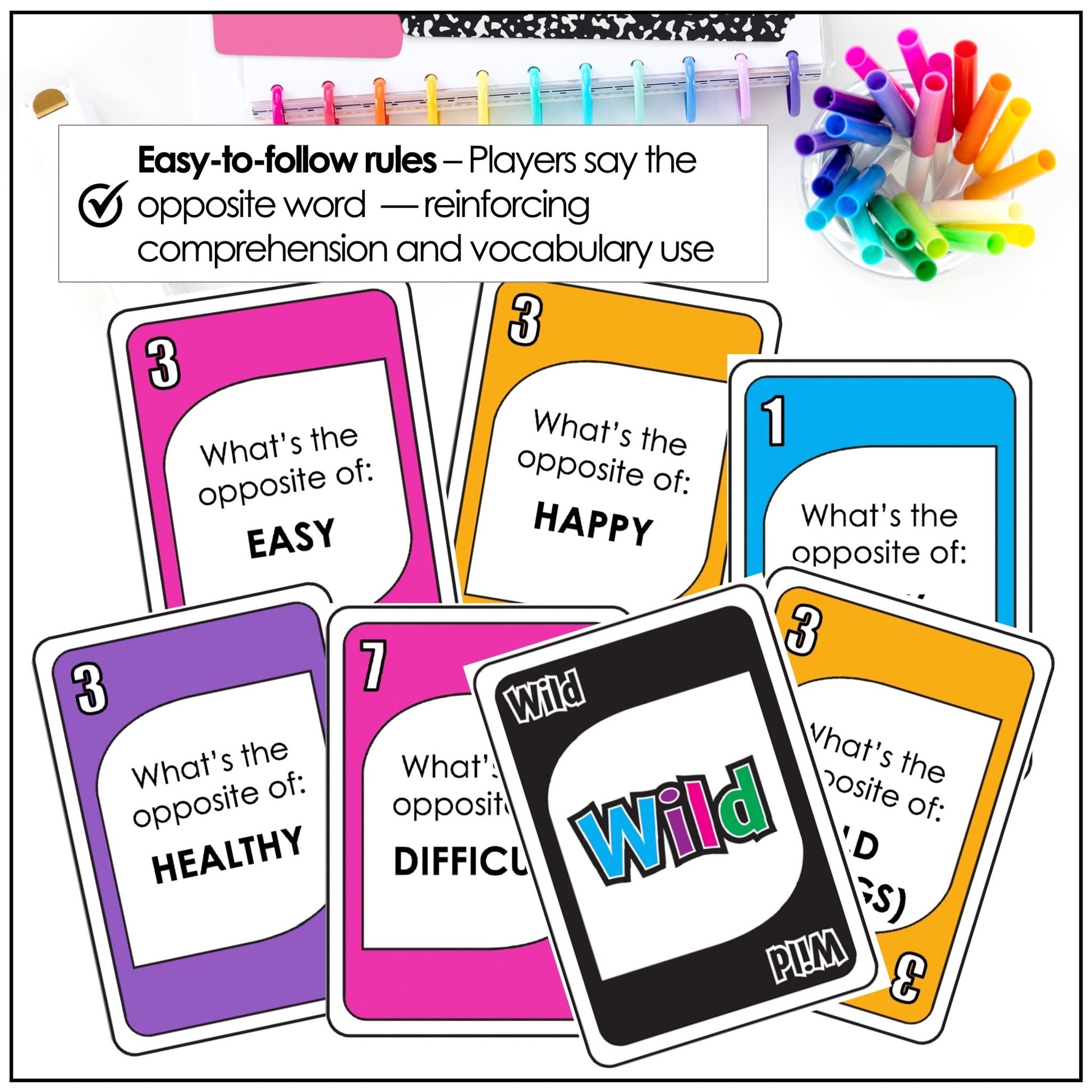 Opposites: Vocabulary UNO Inspired Card Game - Antonyms - Hot Chocolate Teachables