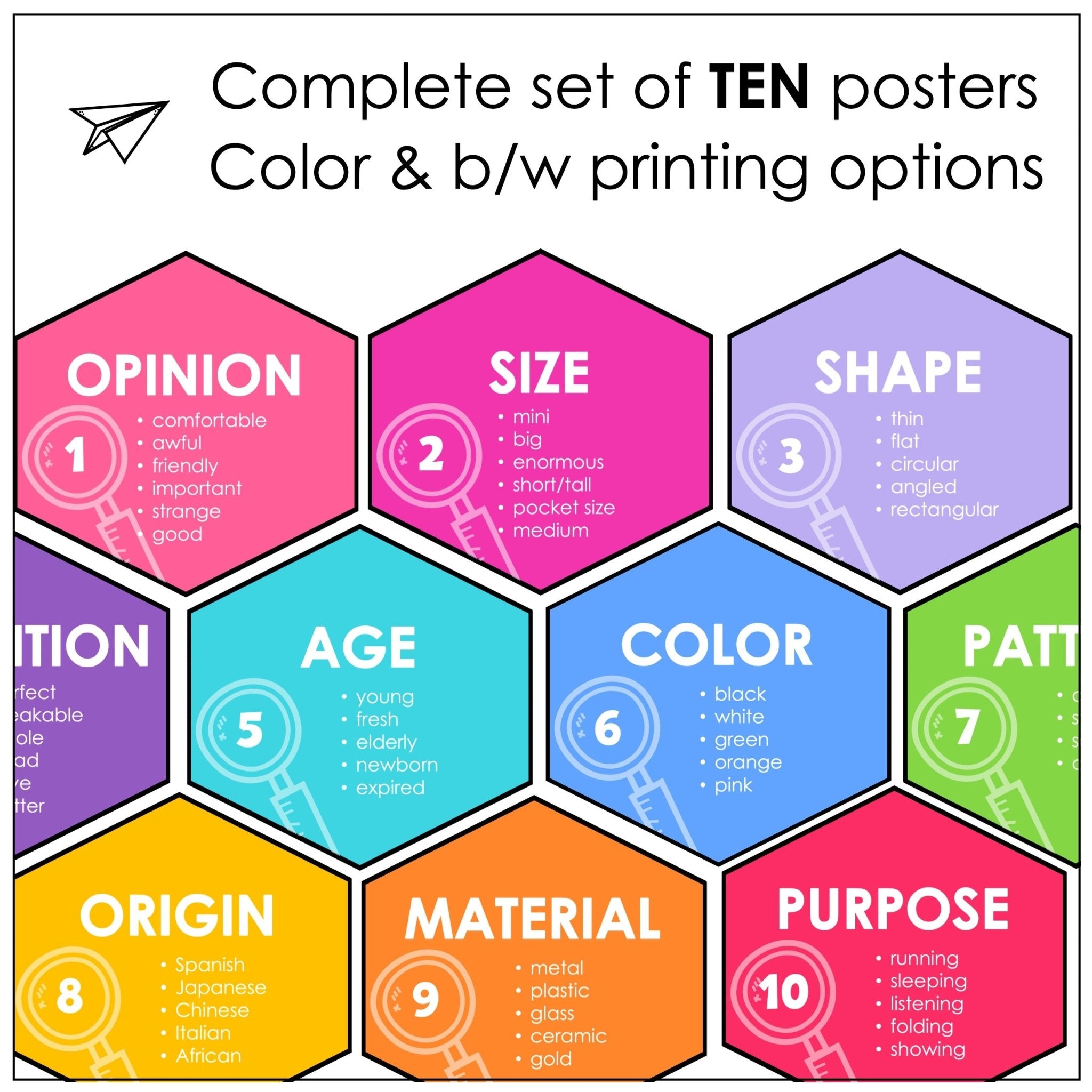 Order of Adjectives Posters – Printable ESL Bulletin Board for Classroom Display - Hot Chocolate Teachables