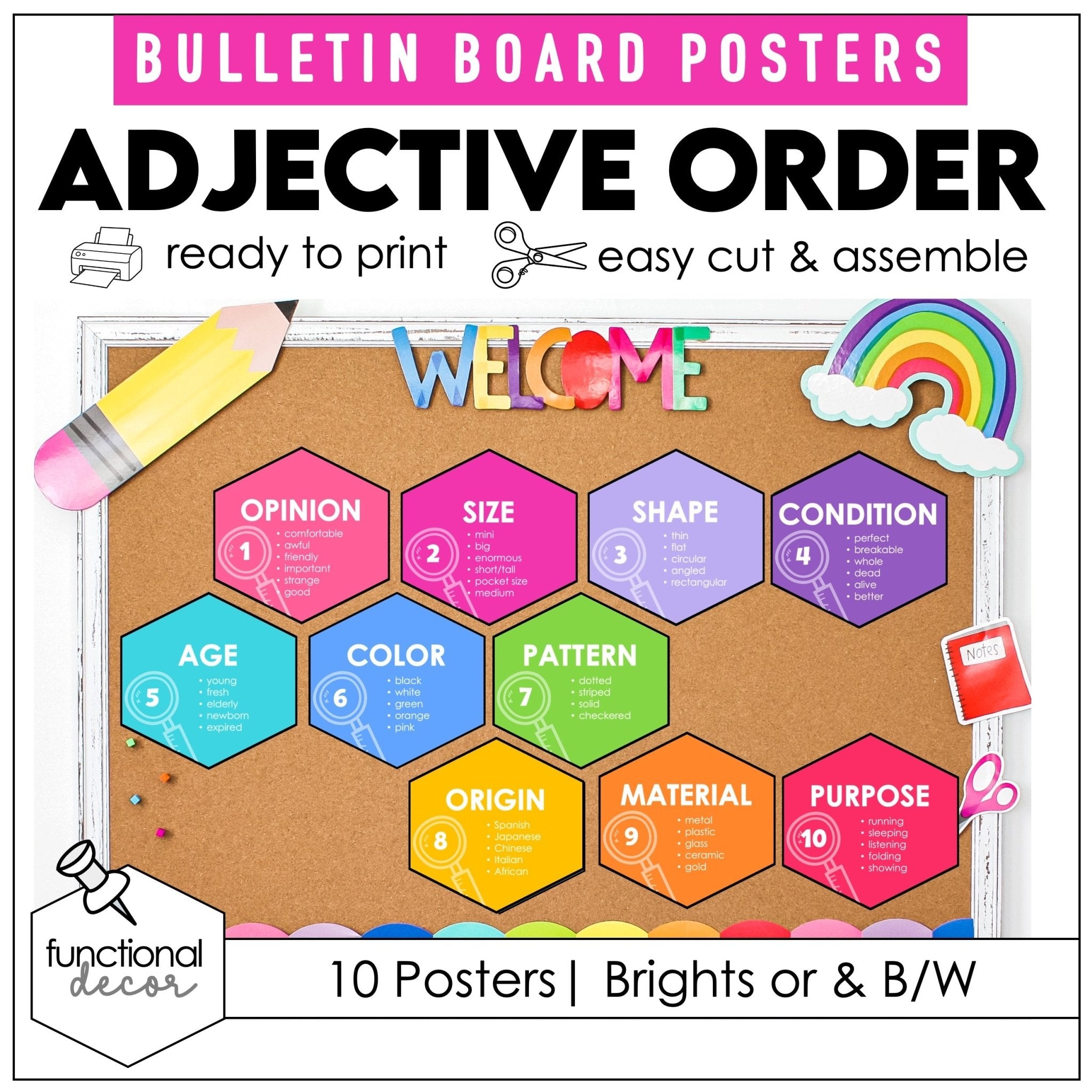 Order of Adjectives Posters – Printable ESL Bulletin Board for Classroom Display - Hot Chocolate Teachables