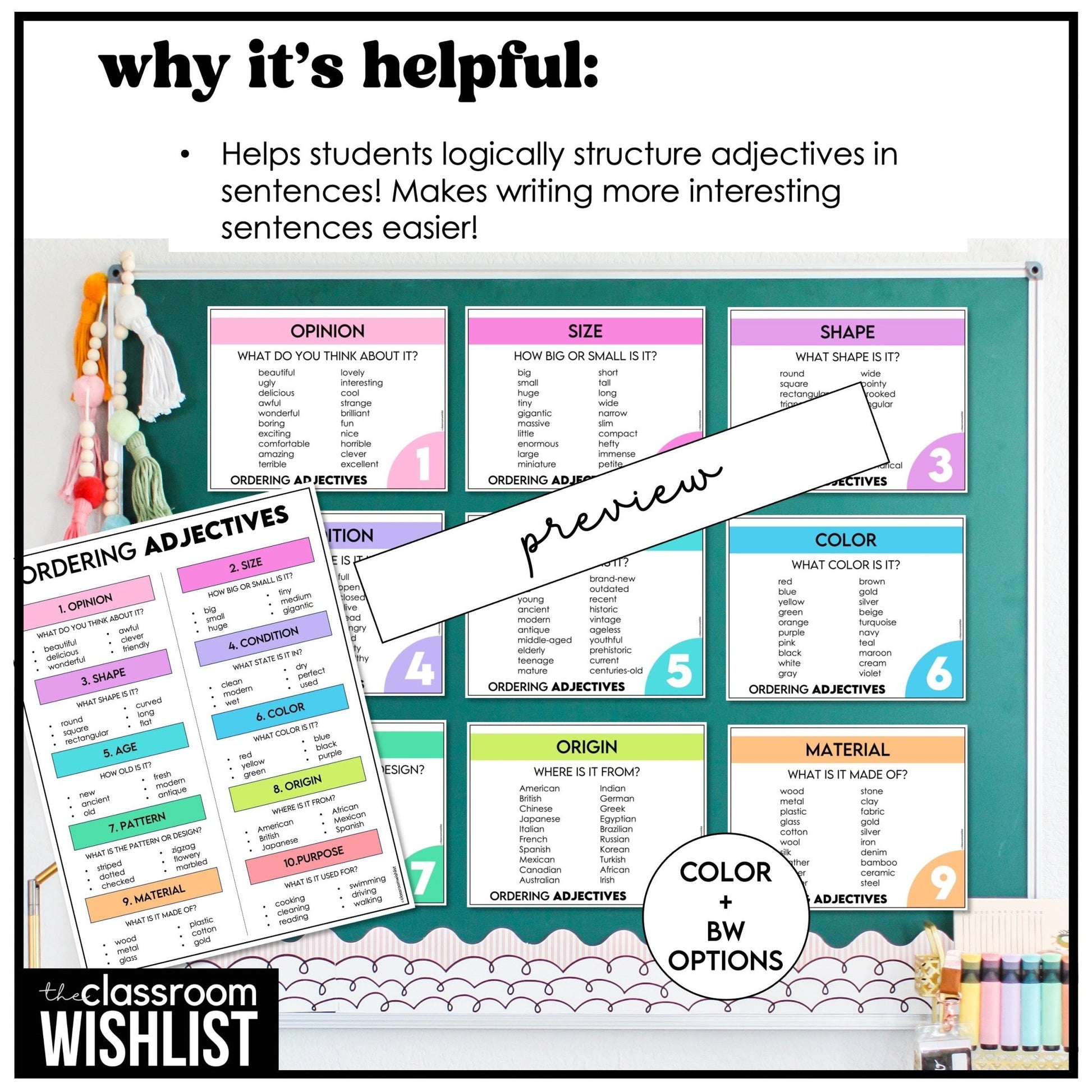 Ordering Adjectives Posters & Notebook Reference – ESL Grammar Wall & Writing Tool - Hot Chocolate Teachables