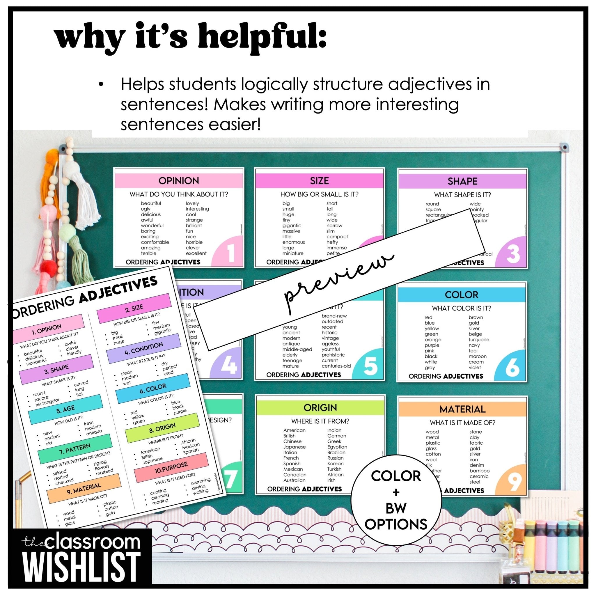 Ordering Adjectives Posters & Notebook Reference – ESL Grammar Wall & Writing Tool - Hot Chocolate Teachables