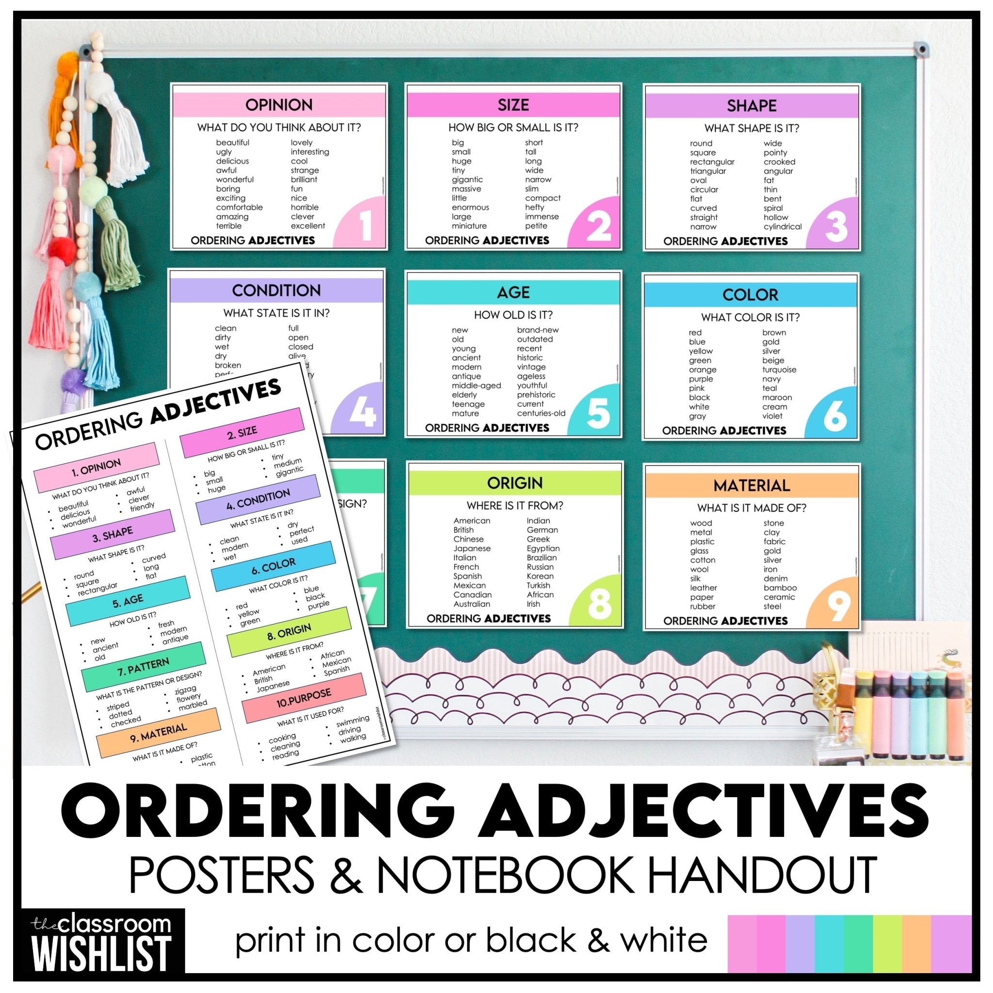 Ordering Adjectives Posters & Notebook Reference – ESL Grammar Wall & Writing Tool - Hot Chocolate Teachables