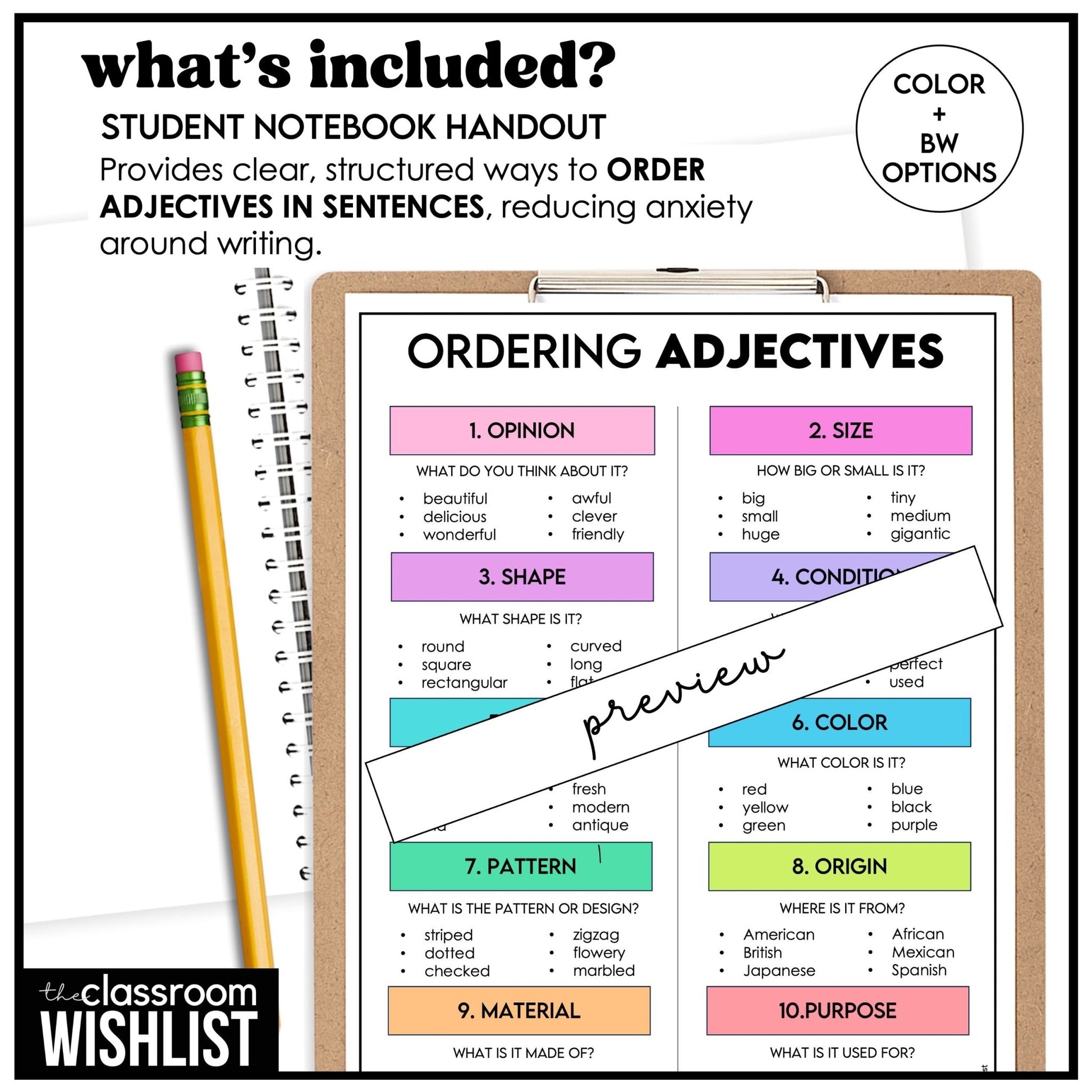 Ordering Adjectives Posters & Notebook Reference – ESL Grammar Wall & Writing Tool - Hot Chocolate Teachables