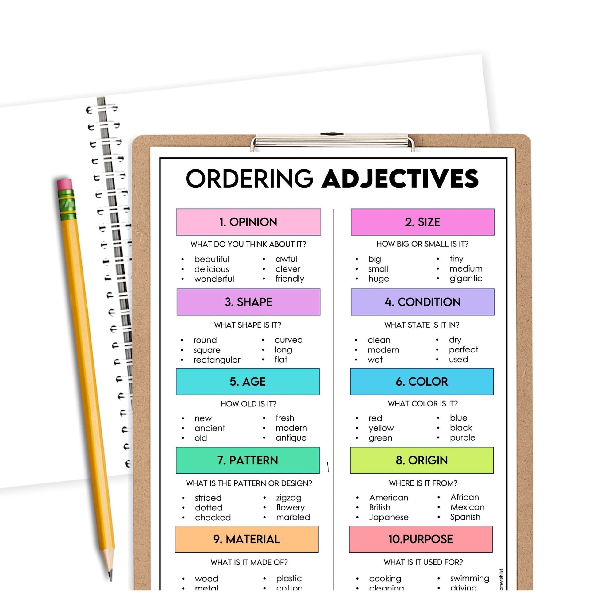 Ordering Adjectives Posters & Notebook Reference – ESL Grammar Wall & Writing Tool - Hot Chocolate Teachables