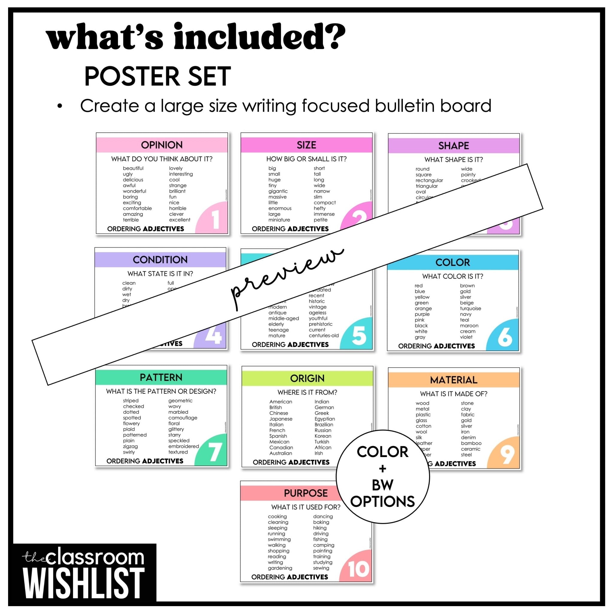 Ordering Adjectives Posters & Notebook Reference – ESL Grammar Wall & Writing Tool - Hot Chocolate Teachables