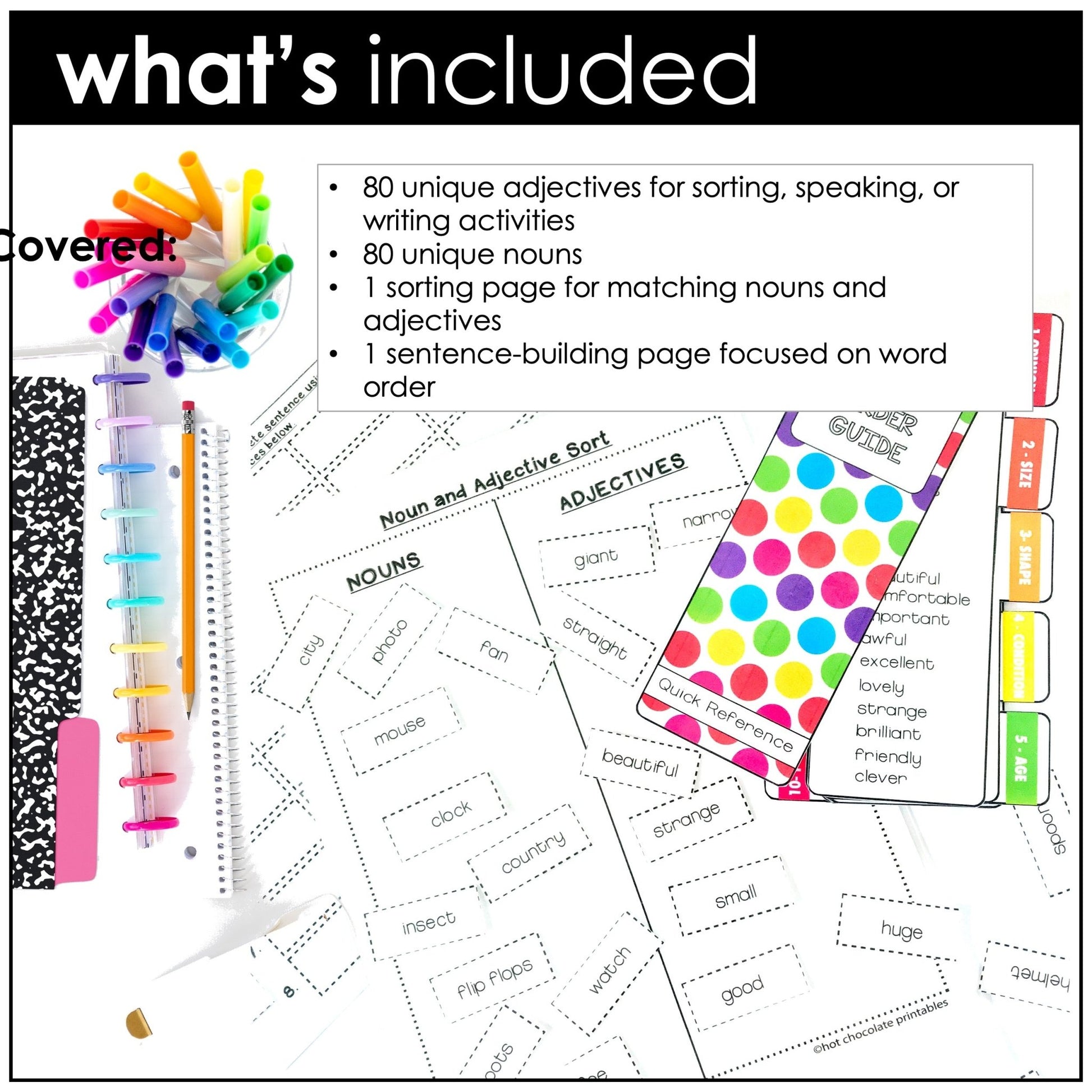 Ordering Adjectives Sentence Building Activity and Grammar Reference - Hot Chocolate Teachables